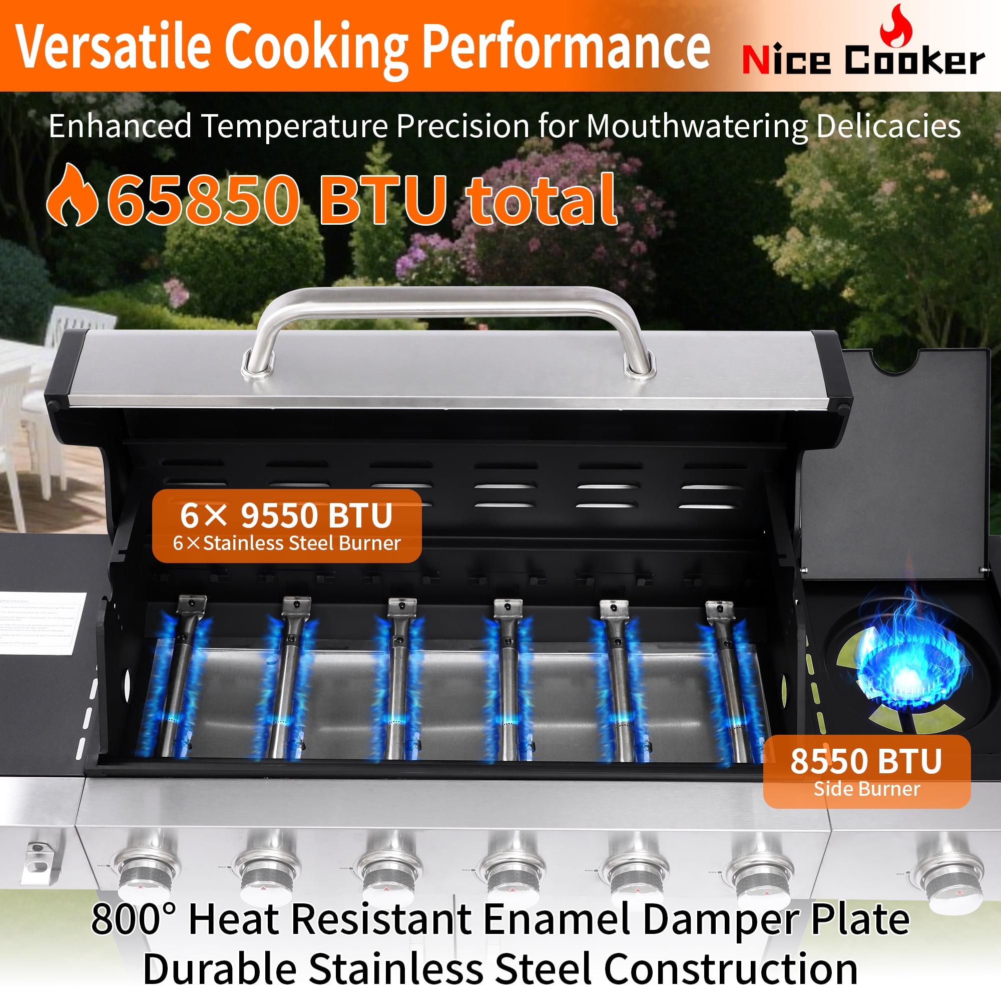 Nice Coker 6-Burner Propane Gas BBQ Grill with Side Burner (Silver, 620 sq. in.) a901x