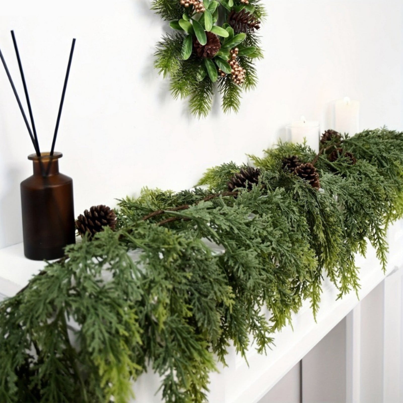 Bwomeauty Artificial Christmas Pine Needle Wreath, Realistic Holiday Greenery for Fireplace and Porch Decor (Green, 70.86 in) lgngx