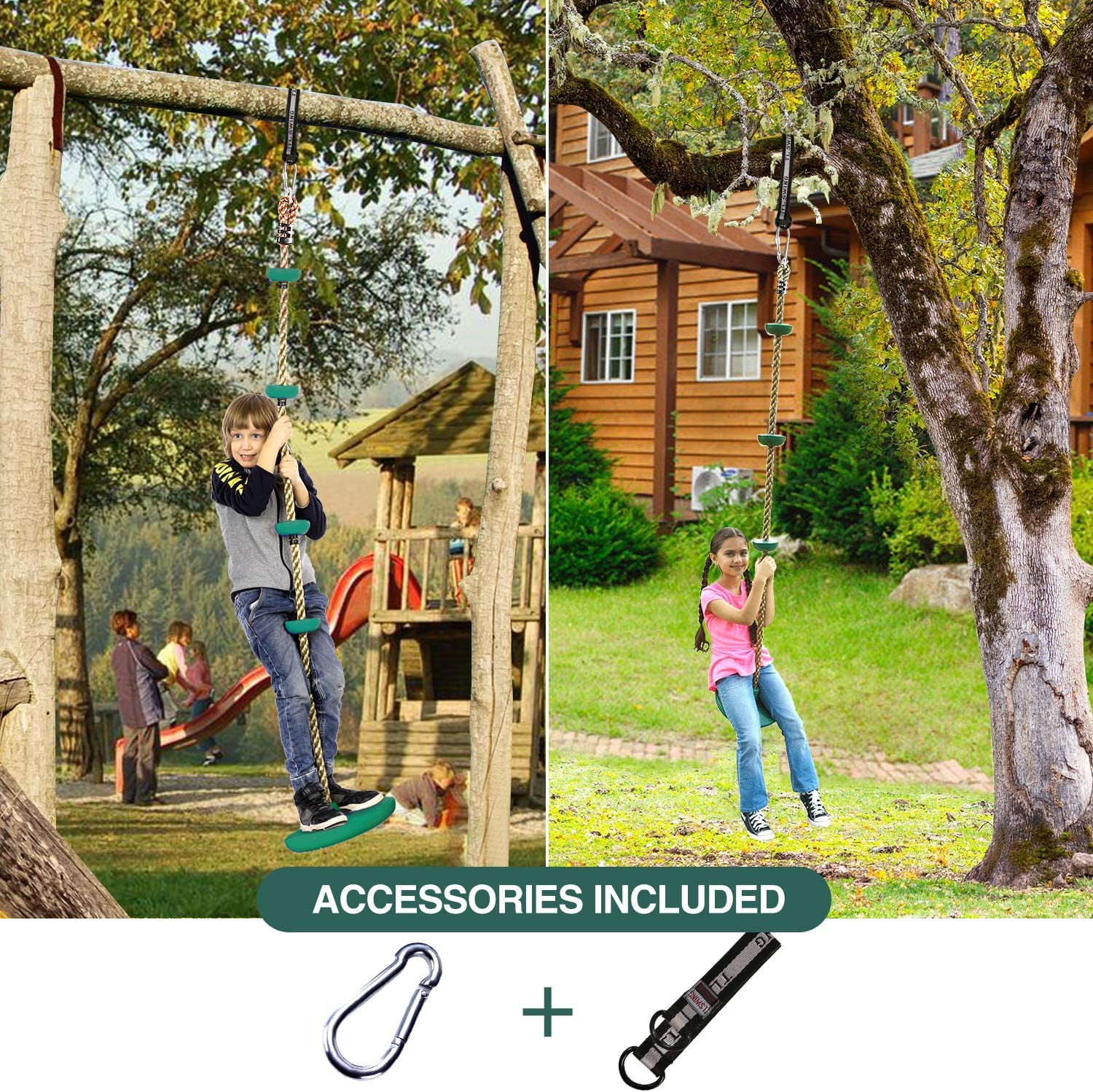 Redcamp Climbing Rope Disc Swing Set with Hanging Strap and Snap Hooks (Green, 6.5 ft) w8302