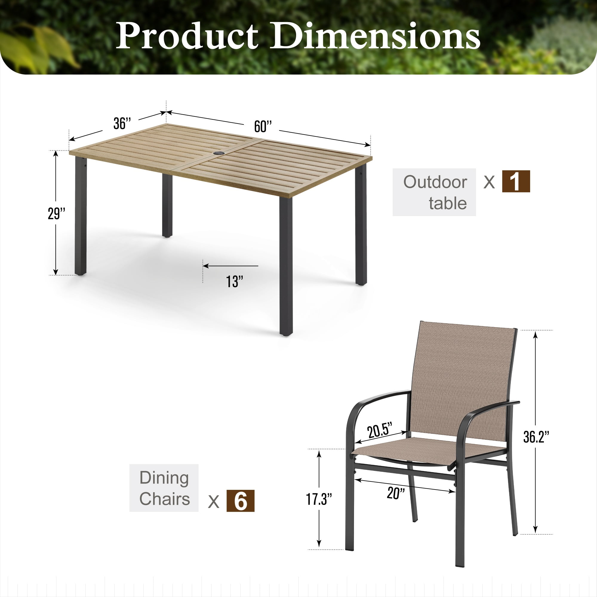 Sophia & William 7-Piece Outdoor Patio Dining Set (Brown, 60 in Table with 6 Textilene Chairs) lw716