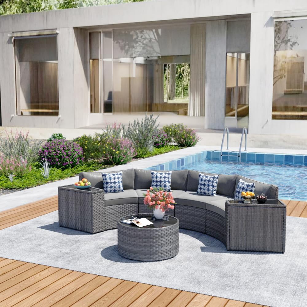 CDCASA 7 Piece Patio Furniture Set, All-Weather Wicker Rattan Curved Sectional Sofa with Coffee Table (Grey, 7 Piece Set) 2kfzr