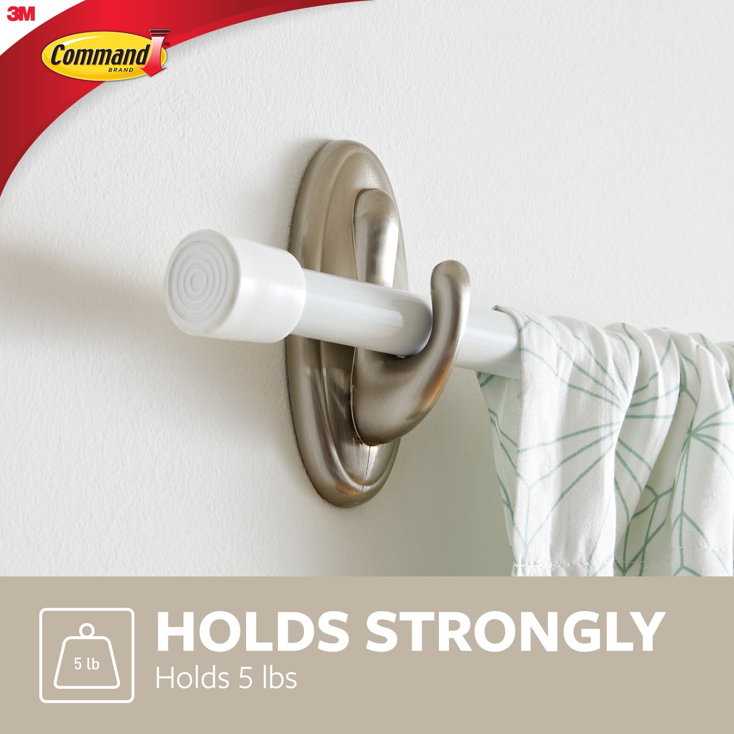 Command Curtain Rod Hooks, Damage-Free Wall Hanging, Satin Nickel (2 Hooks) 1rzz6