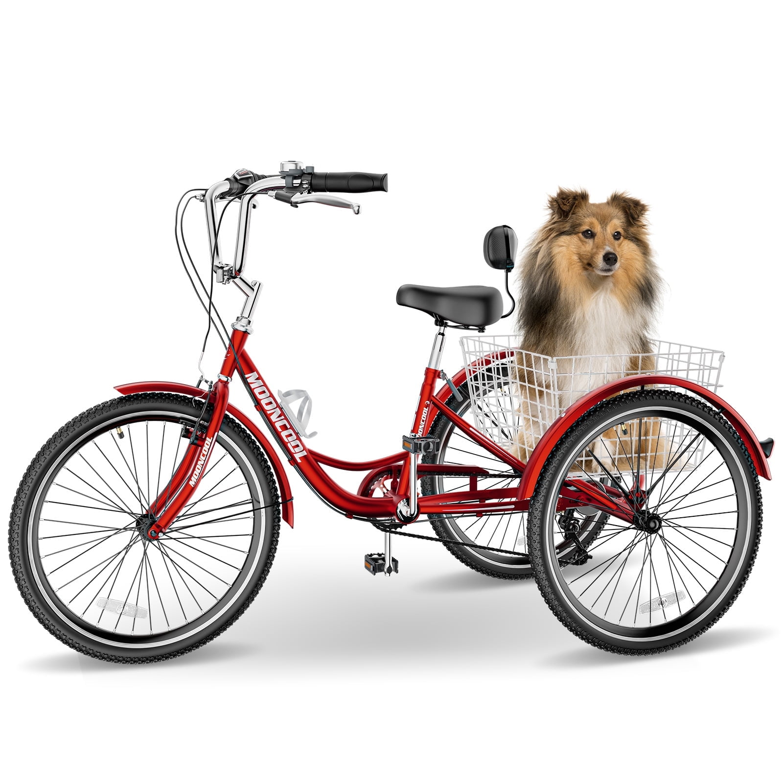 MOPHOTO 7-Speed Adult Tricycle, Low-Step Through Frame 3-Wheel Bike with Large Cargo Basket (Red, 26 in) f31w2