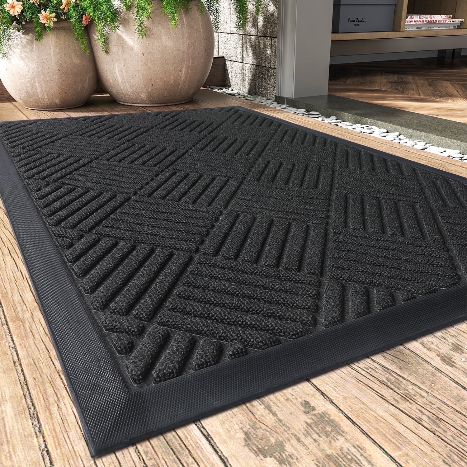 SIXHOME Outdoor Welcome Mat Non-Slip Rubber Entryway Rug (Black, 17 in x 30 in) y38se