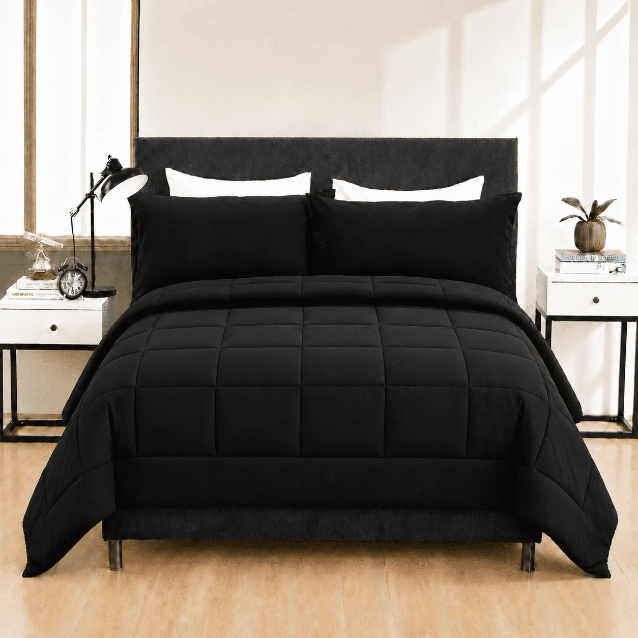 YEPCLUB 3-Piece Queen Size Comforter Set, Reversible Down Alternative Bedding with Pillowcases (Black, 88 in x 90 in) vwvlw