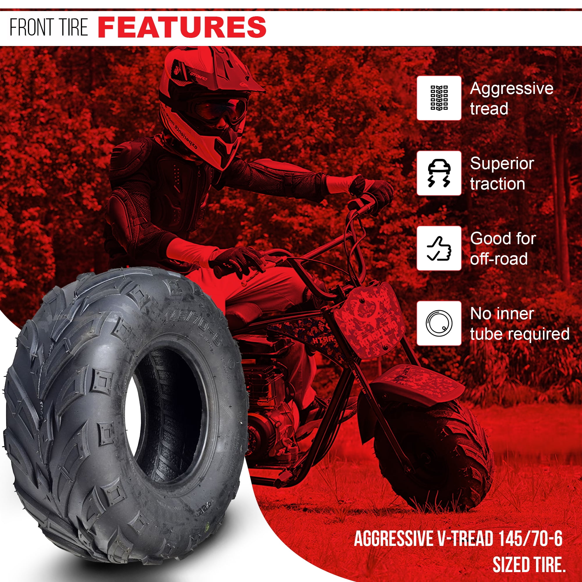 AlveyTech 145/70-6 V-Tread Off-Road Tire for Mini Bikes and Go-Karts (145/70-6) 9qxei