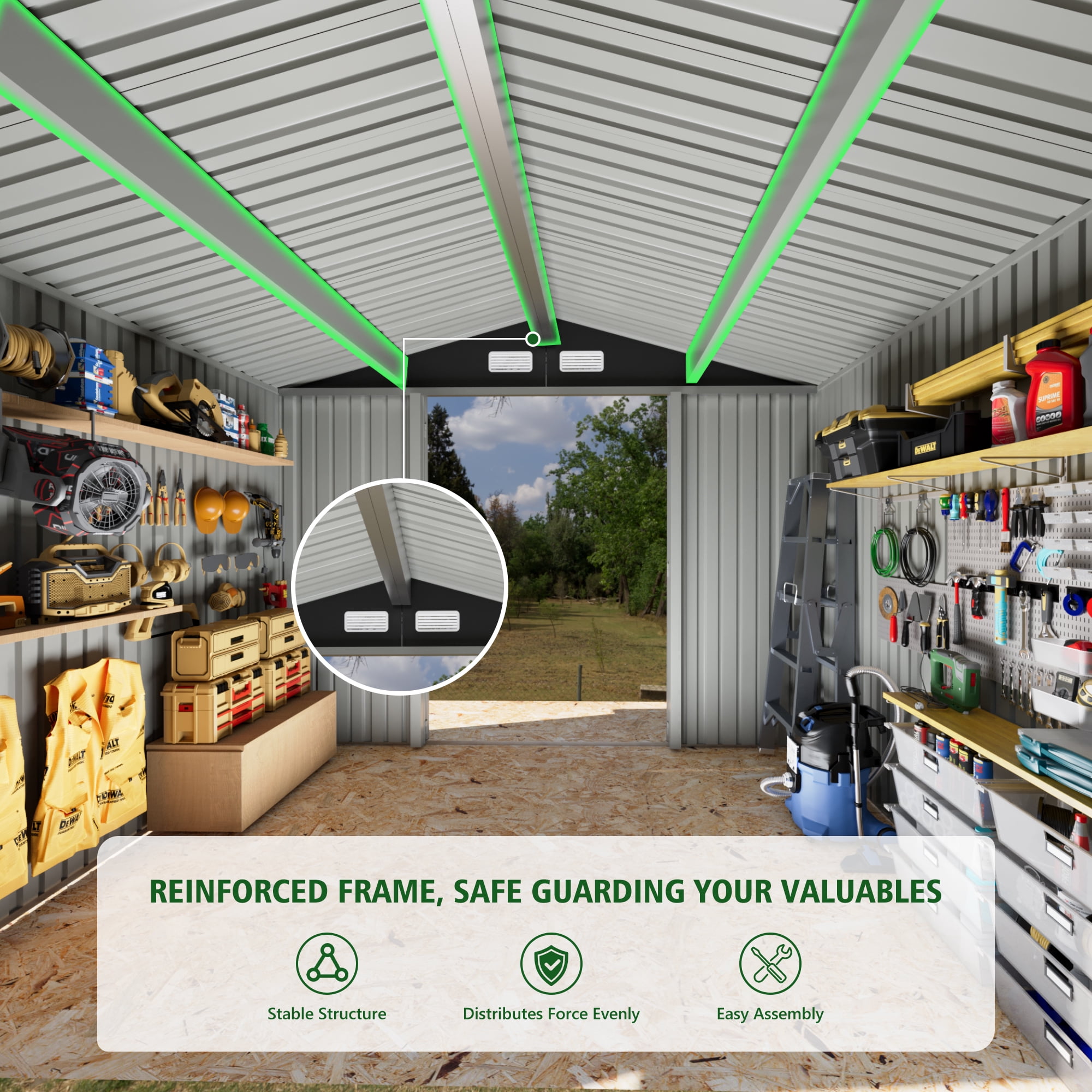 Licheers Outdoor Metal Tool Storage Shed with LED Light and Air Vents (Brown, 8 ft. W x 6 ft. D) 5yoq4
