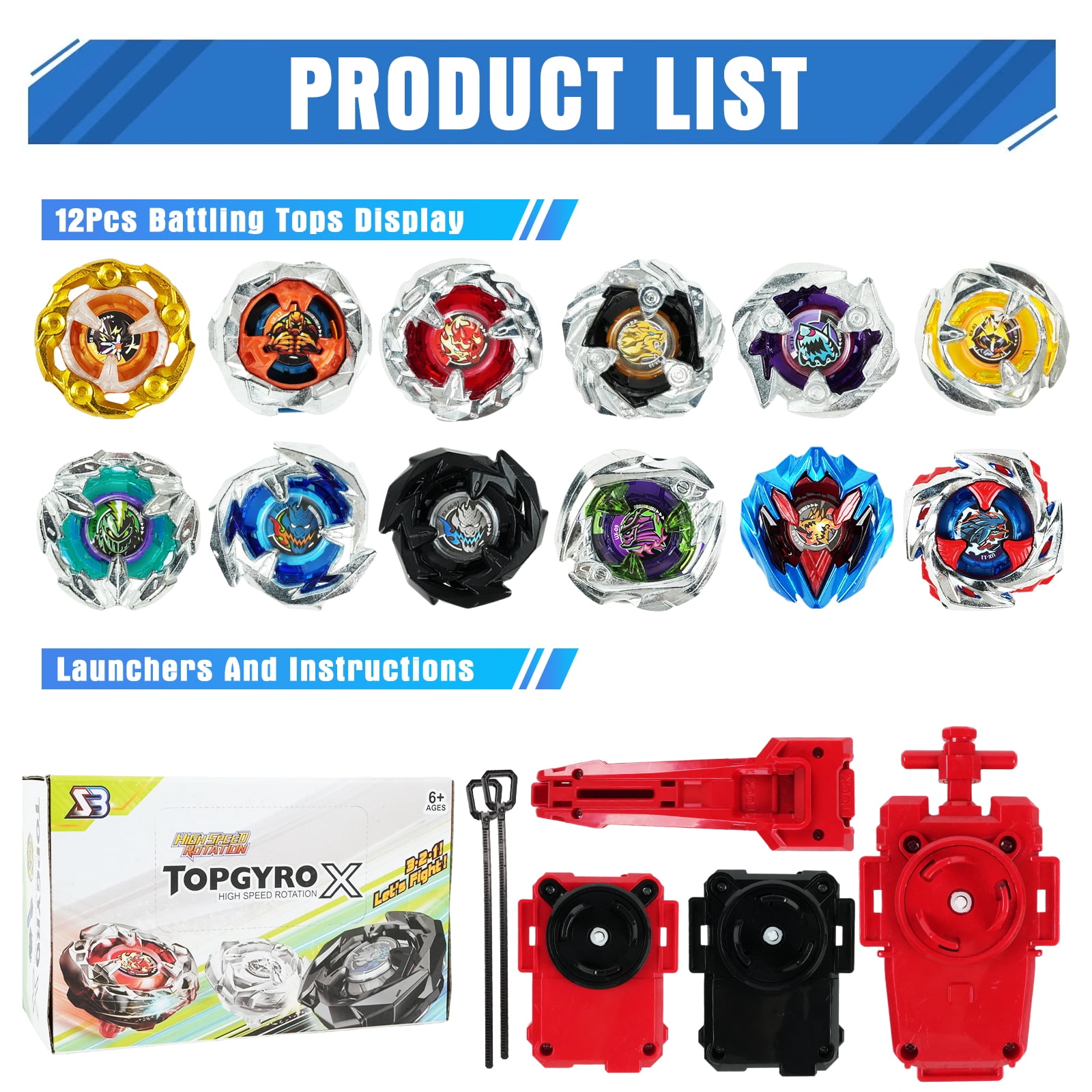 Jaawind Spinning Top Battle Set with 12 Tops, 3 Launchers, and Storage Case (16 Piece Set) 2zgww