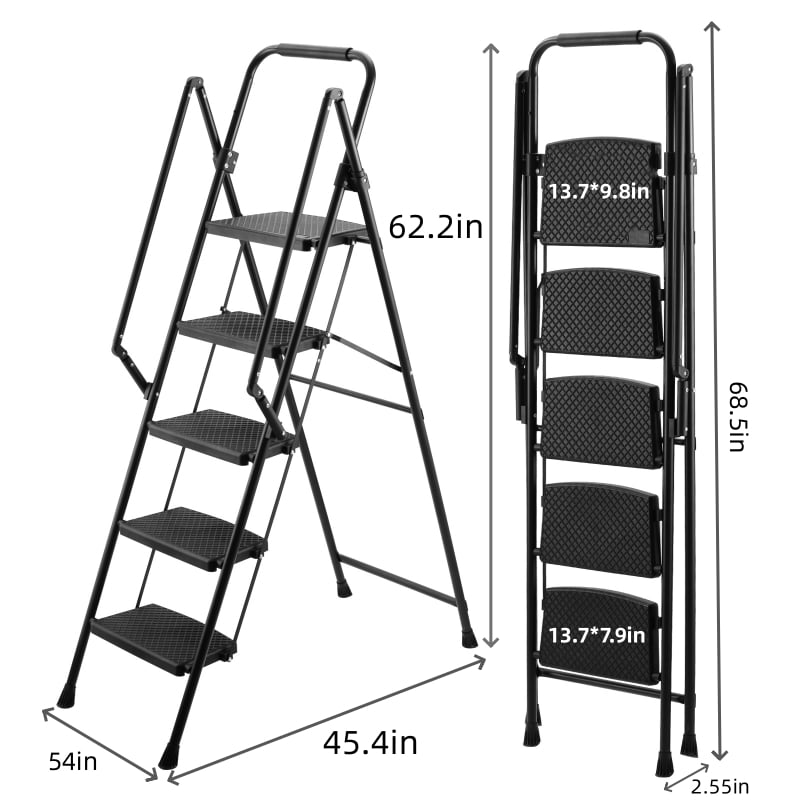 Geemuslly 5-Step Folding Ladder, Heavy-Duty Steel Step Stool with Anti-Slip Pedals and Safety Handrail (Black, 350 lb Capacity) wkmg3