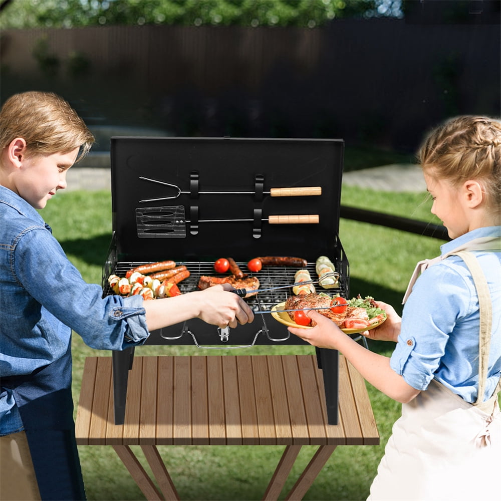 Tcbosik Portable Charcoal Grill, Folding Outdoor Barbecue Stove with Lid and Adjustable Height (Black) a059w
