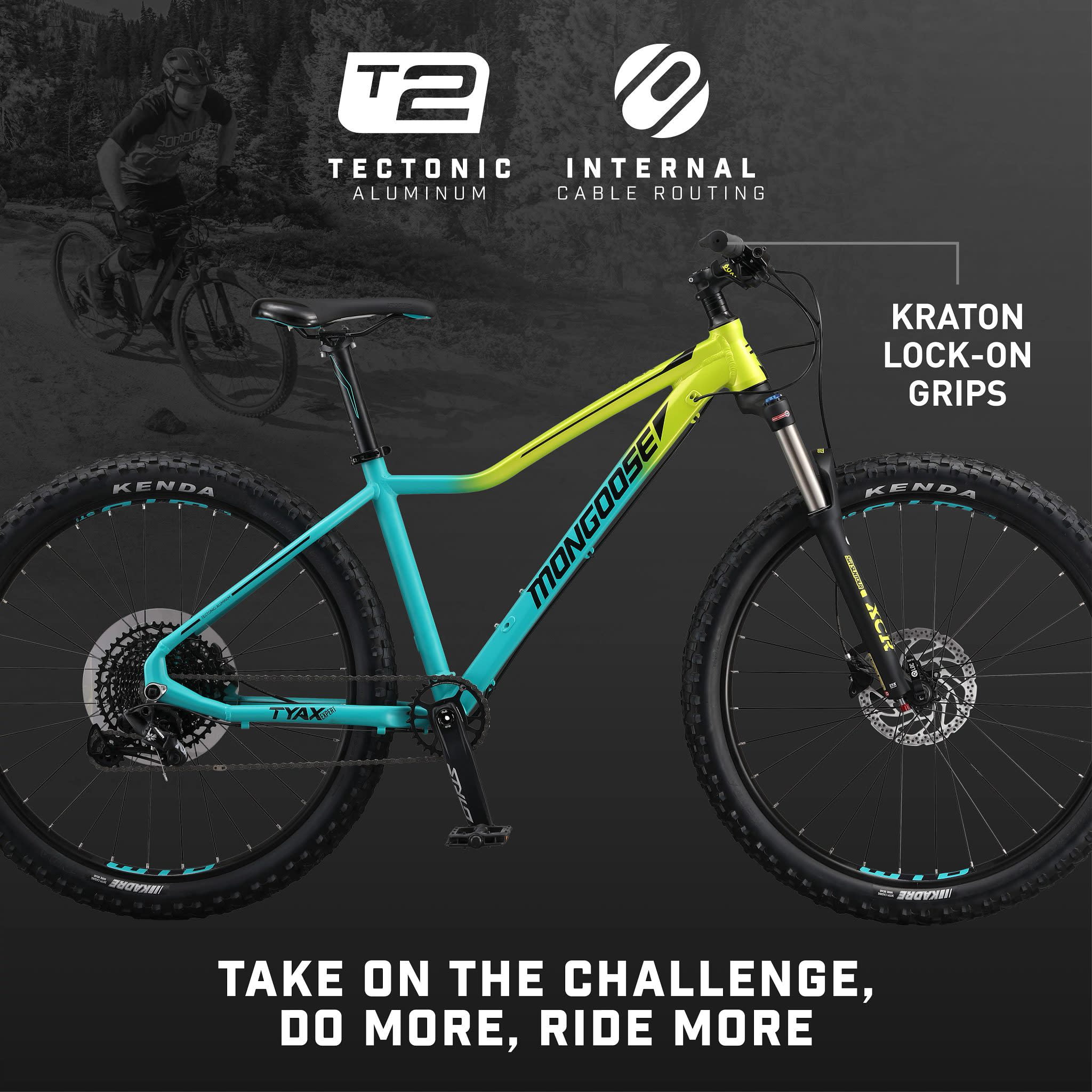 Mongoose Tyax 27.5 Expert Mountain Bike, High-Performance Hardtail Trail Bicycle (Yellow/Blue, 27.5 in) idfdj