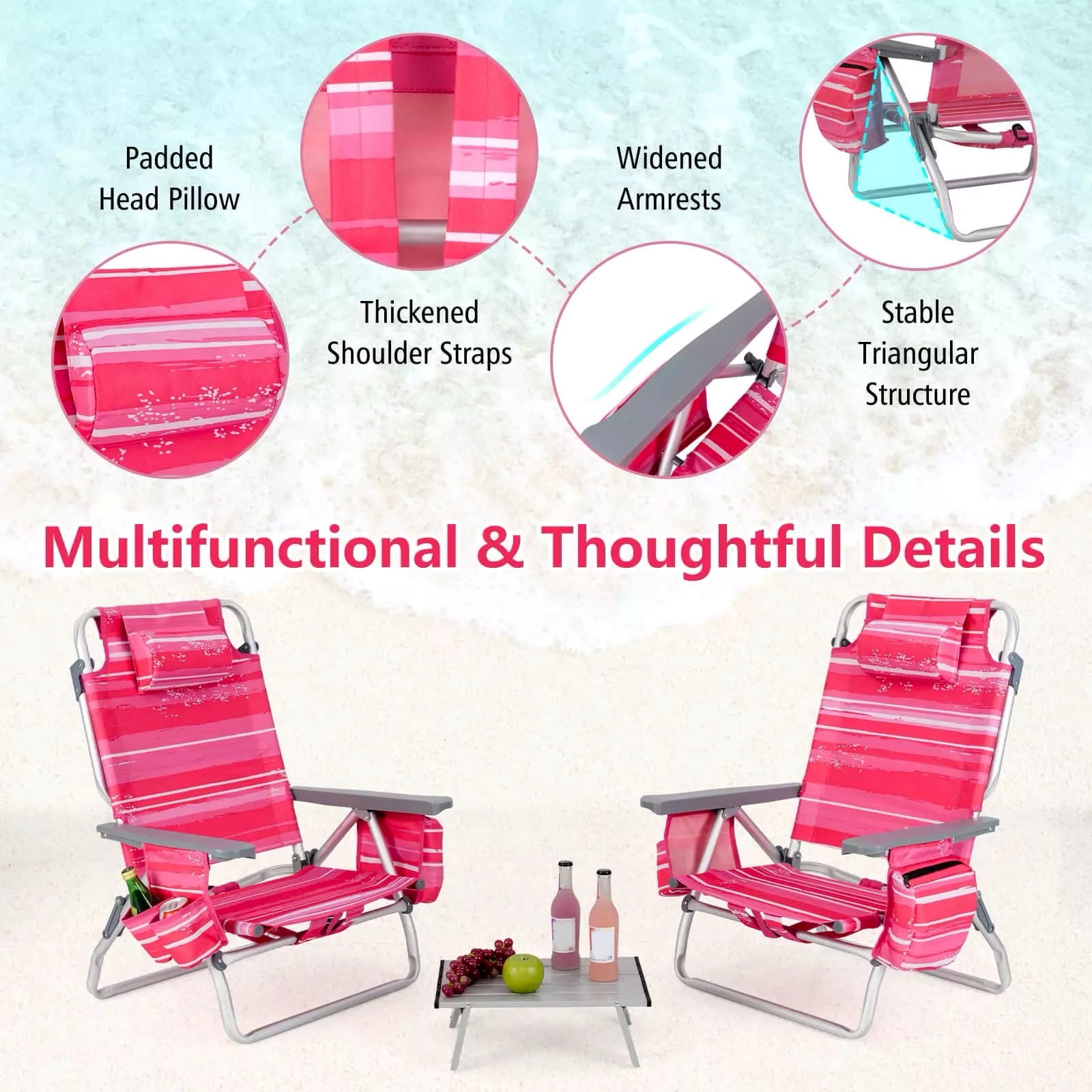 Auranook 2-Pack Folding Backpack Beach Chair Set with Side Table (Pink, 5-Position Reclining) mudv9