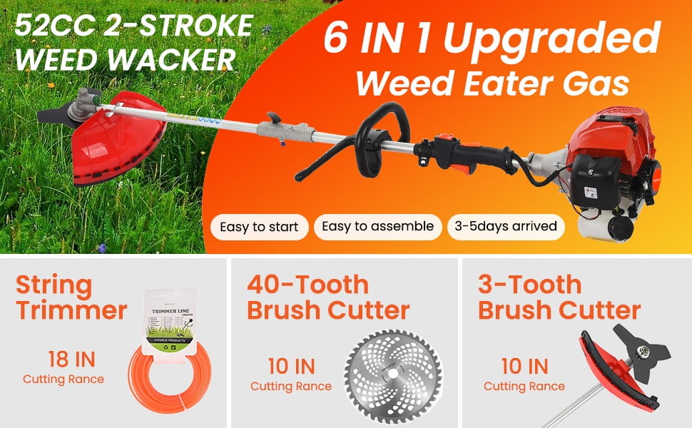 Floseru 5-in-1 Gas String Trimmer and Brush Cutter, 52cc 2-Cycle Engine, Multi-Functional Yard Tool (Red, 1 Unit) 1z2bx