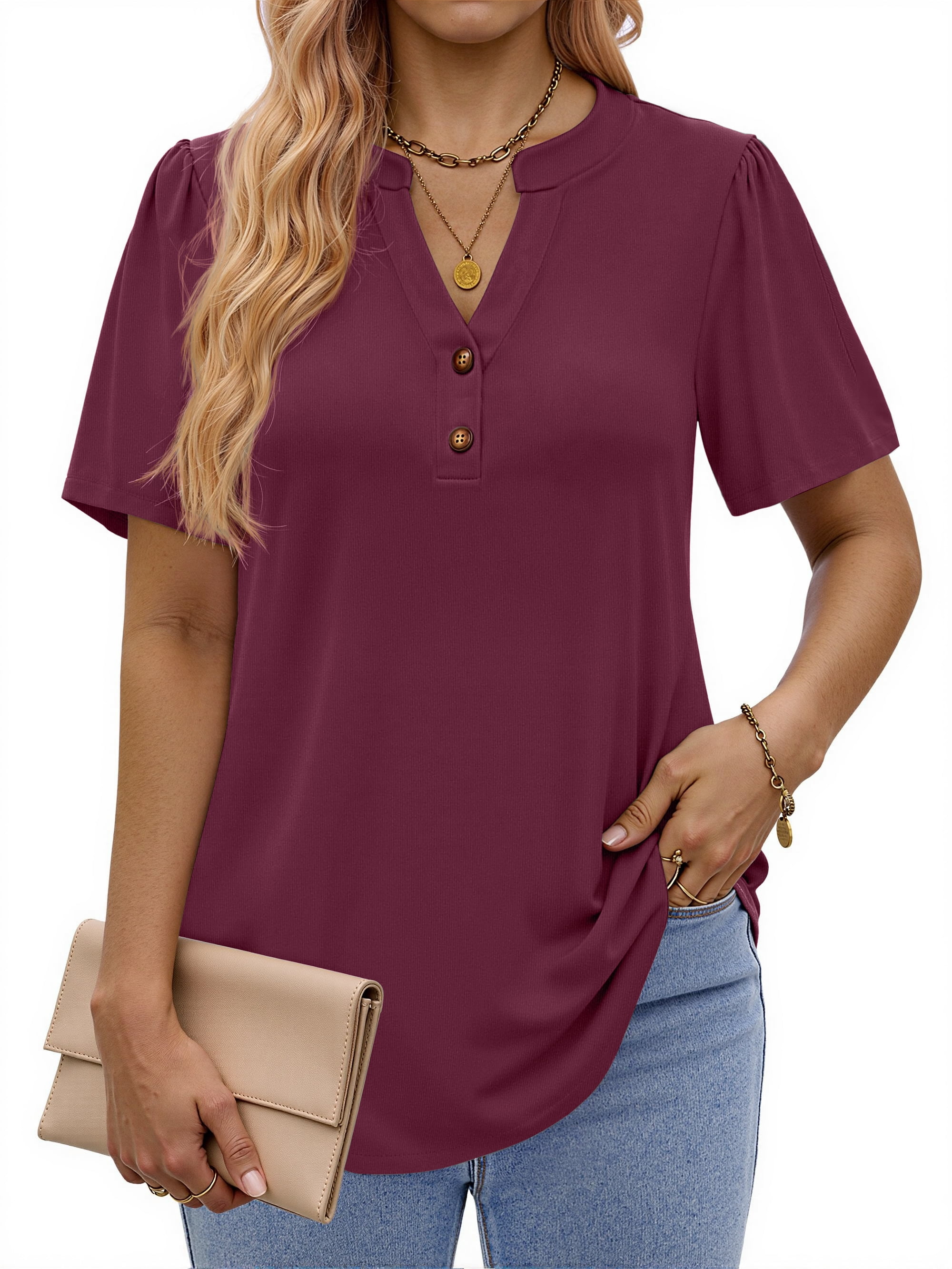 Fantaslook Women's V-Neck Henley Blouse Short Sleeve Casual Dressy Summer Top (Red, L) gams1