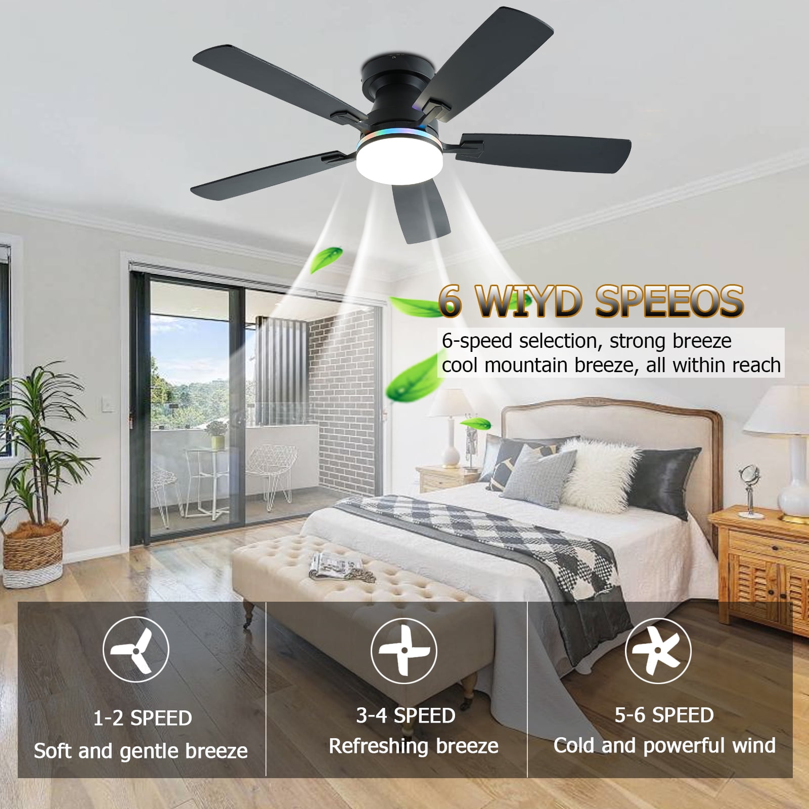 JSAITEE 48 in Low Profile Ceiling Fan with Light and Remote Control (Black, 48 in) 79ydt