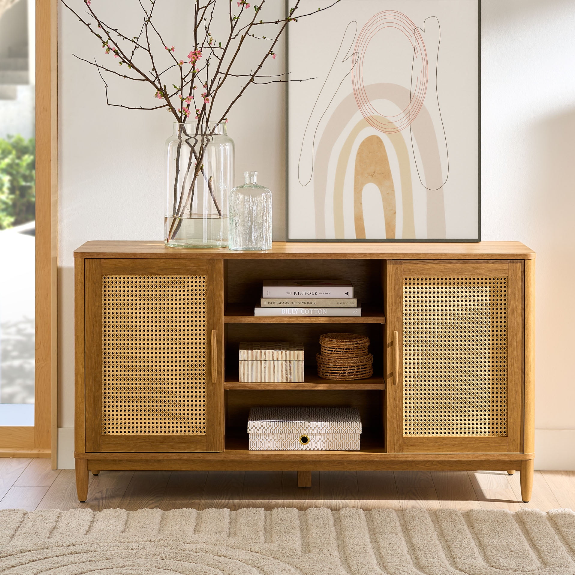 Better Homes & Gardens Springwood Cane TV Stand with Rattan Doors (Light Honey, 57.01 in L x 18.03 in W x 31.02 in H) ozi7a