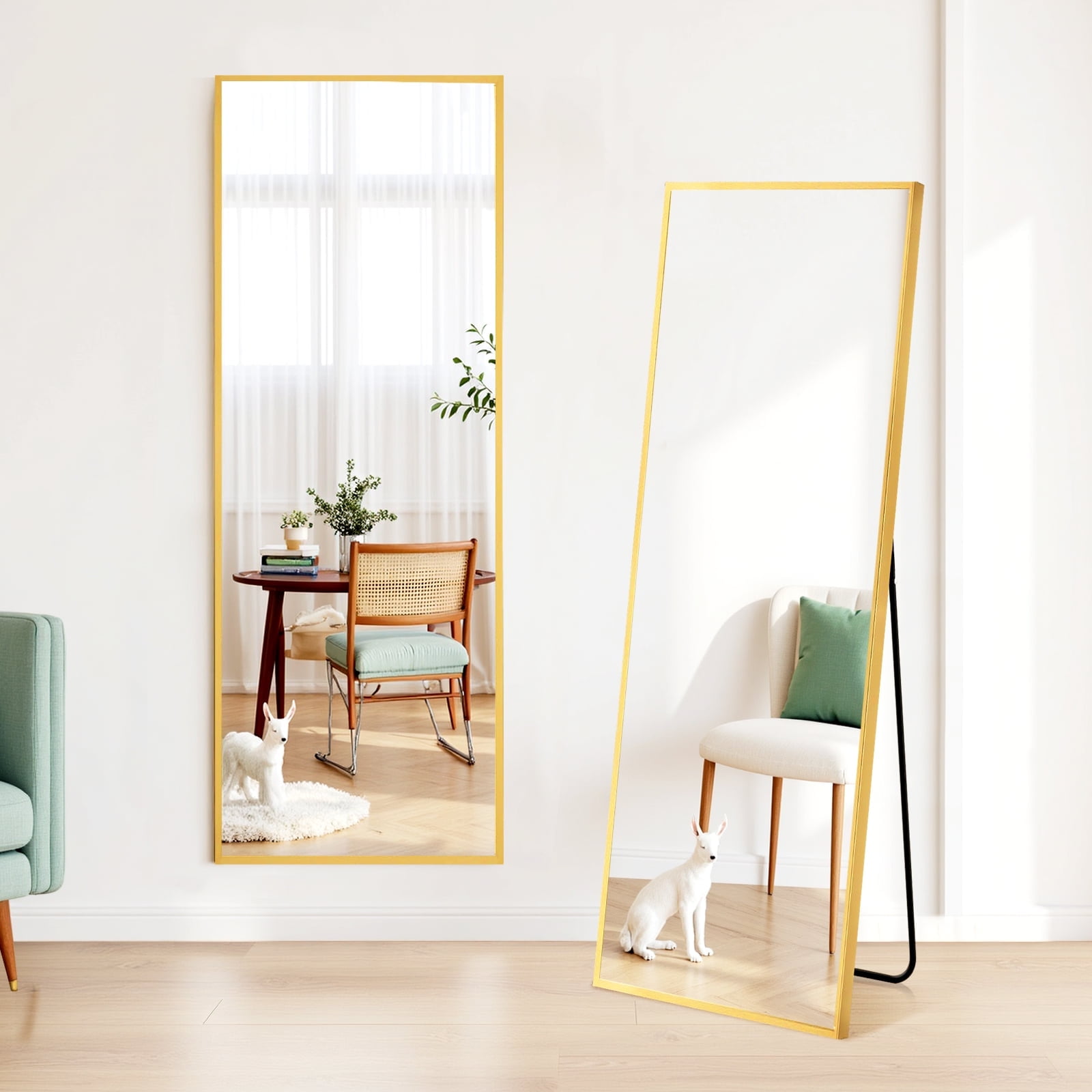 Blorly Full Length Mirror, Arched-Top Floor Mirror with Stand, Freestanding or Wall Mounted Full Body Mirror (Gold, 59 in x 16 in) zqz2q