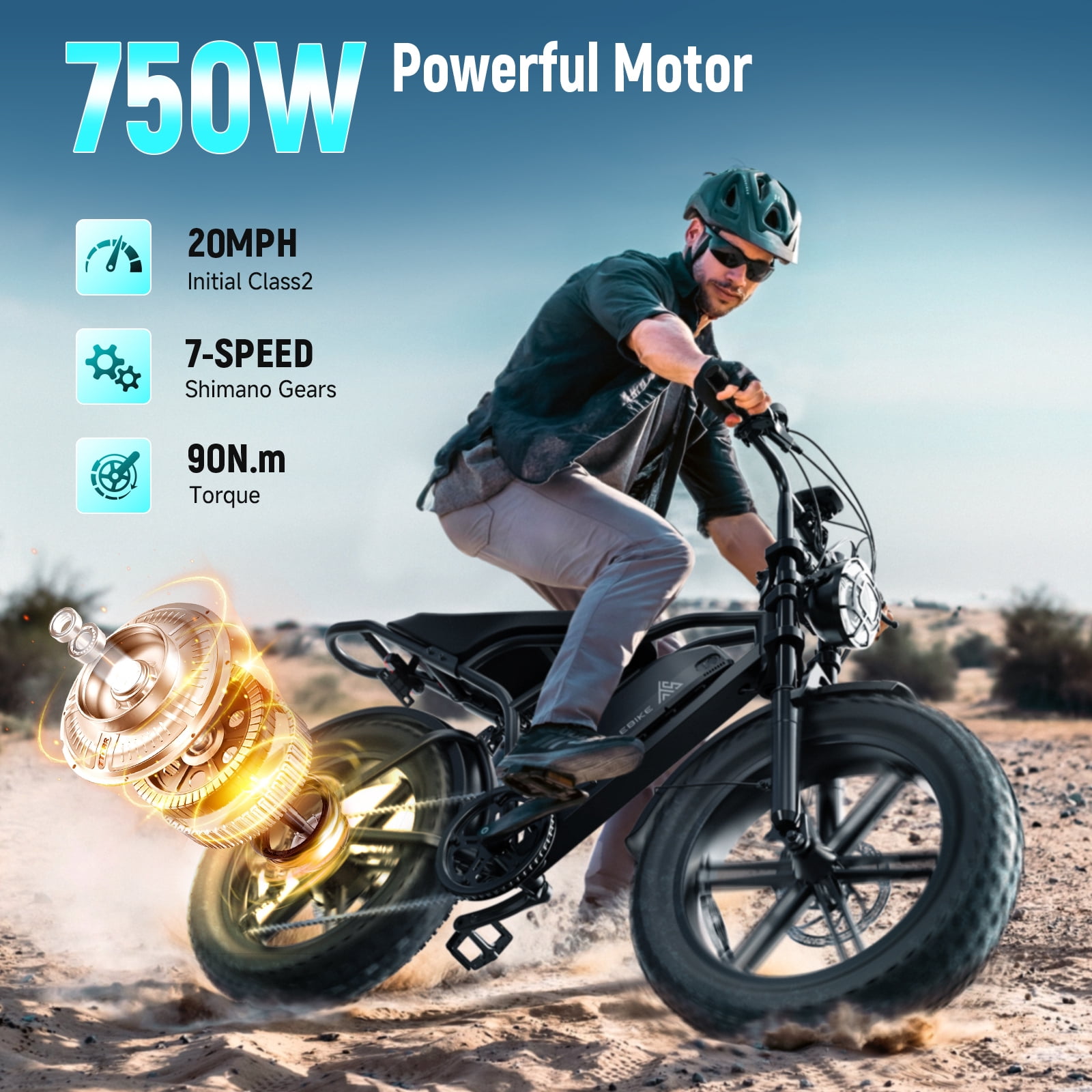 TST Electric Mountain Bike, 750W Motor, Full Suspension E-Bike, 20 in x 4 in Fat Tires, 20 Mph Speed (Black, 48V 15Ah) 8bv6i