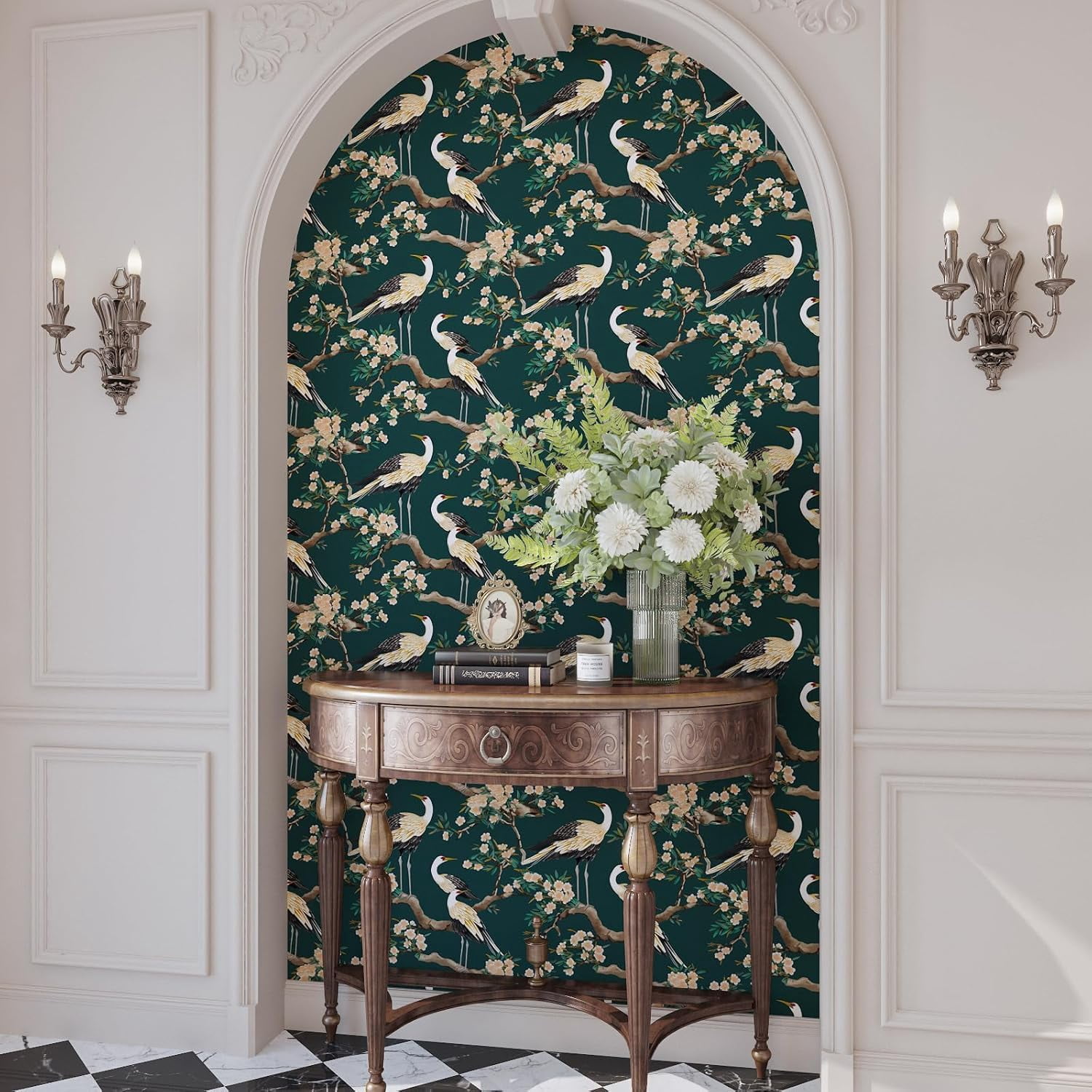 Usachibb Peel and Stick Wallpaper, Crane Bird Floral Contact Paper (Dark Green, 17.5 in x 118 in) 8ncdf