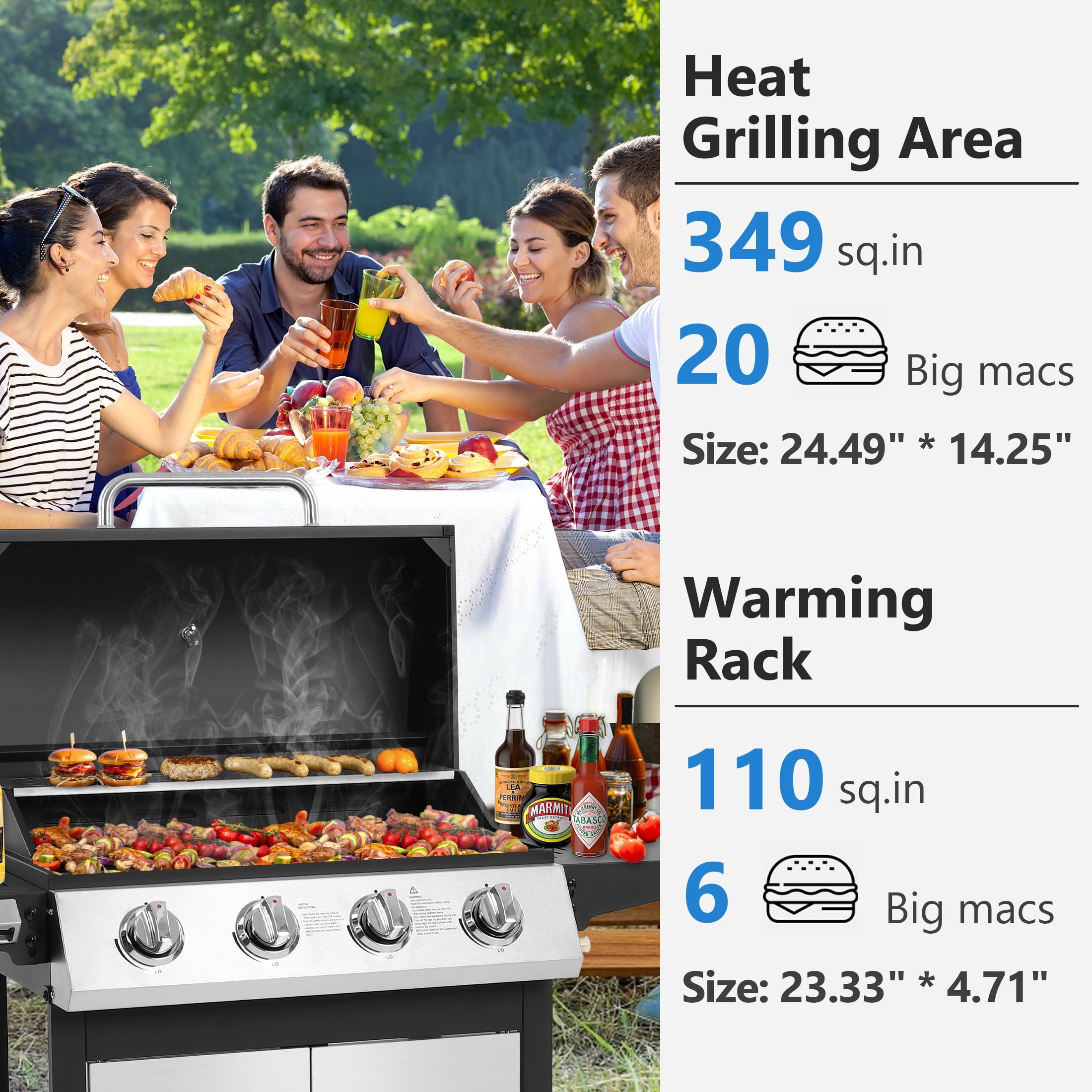 Segmart 4-Burner Propane Gas Grill, Stainless Steel Outdoor Barbecue Grill with Side Tables and Thermometer (40,000 BTU) sjvjb
