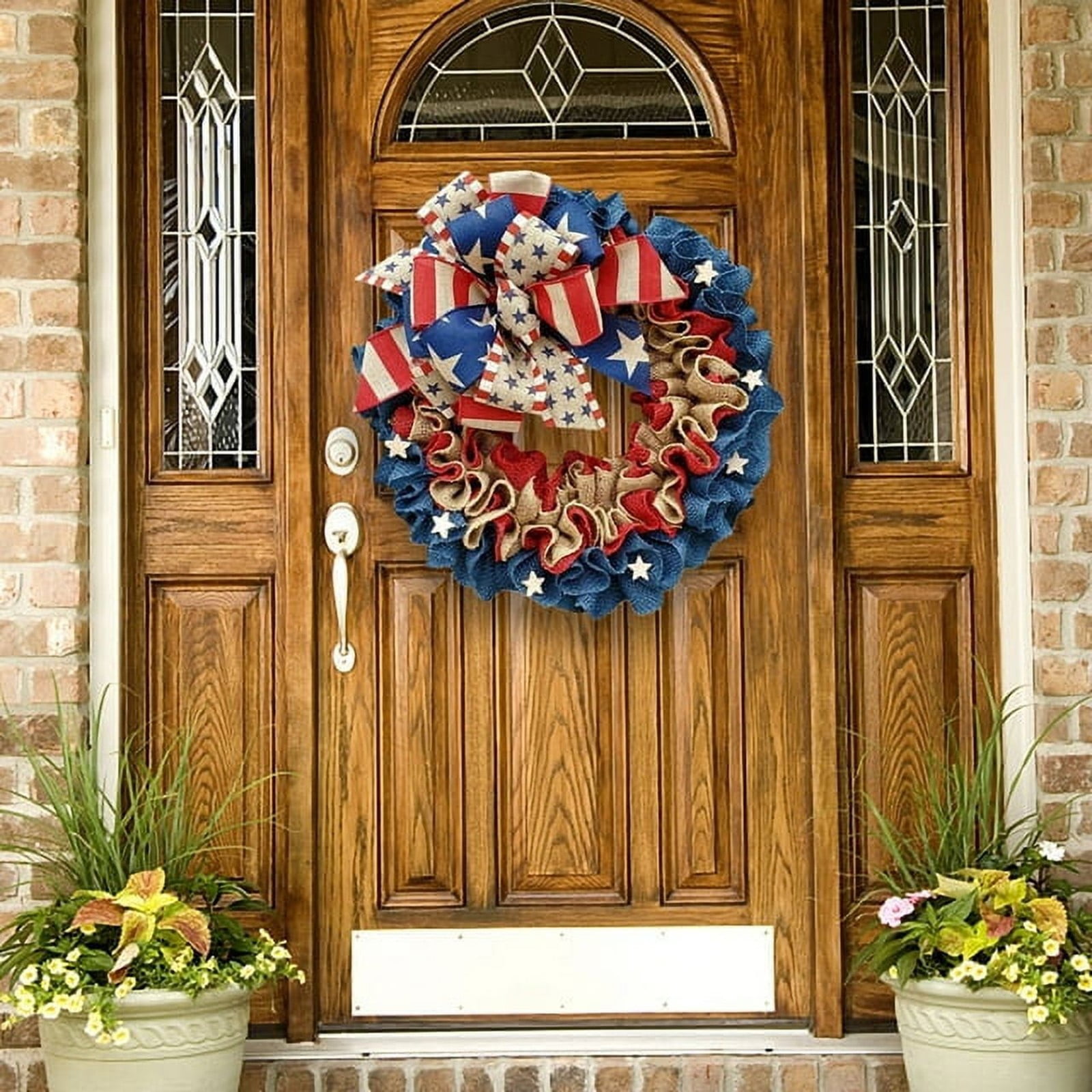 IUAMXWU Patriotic Burlap Wreath, American Flag Bow Ruffled Decor for Front Door (Red, 16 in) p3bnx