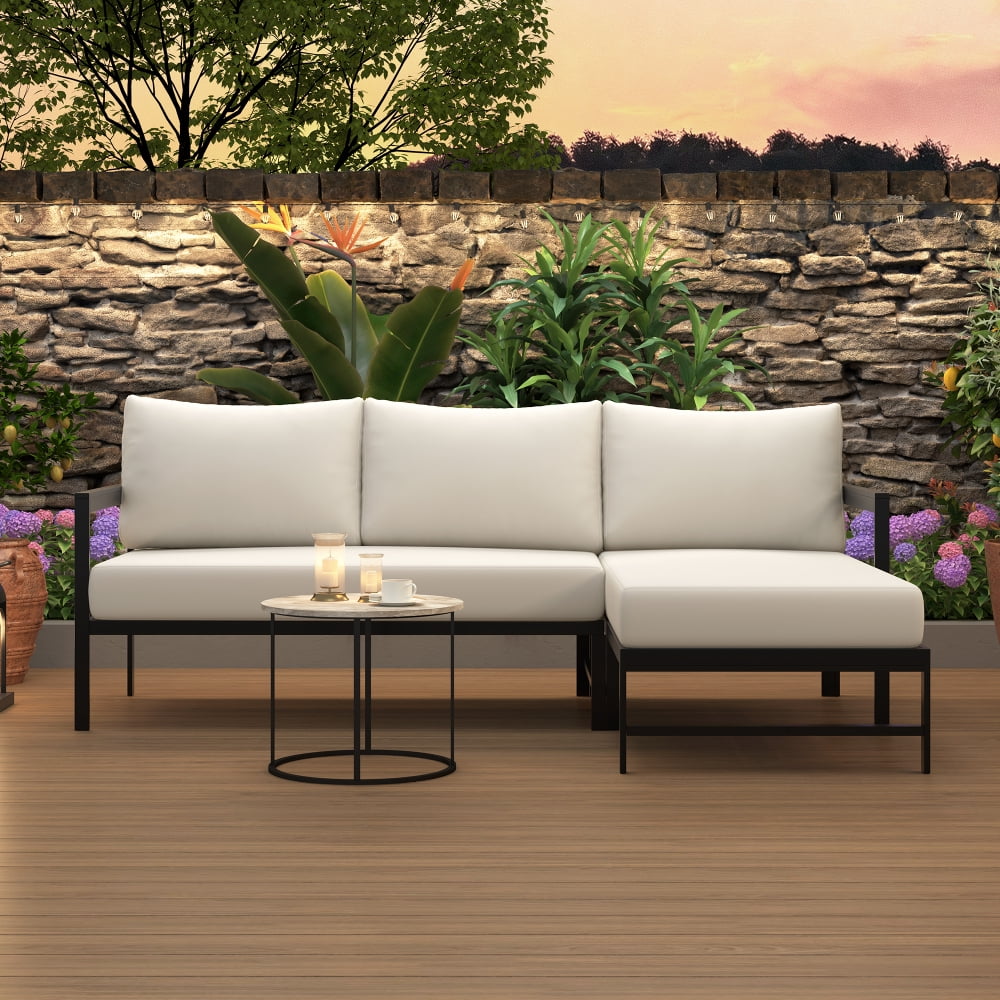 Cozynest L-Shaped Outdoor Patio Sofa Set, Weather-Resistant Iron Frame Sectional Couch with 5.9 in Thick Cushions (Beige, 3-Seat) 67d8m