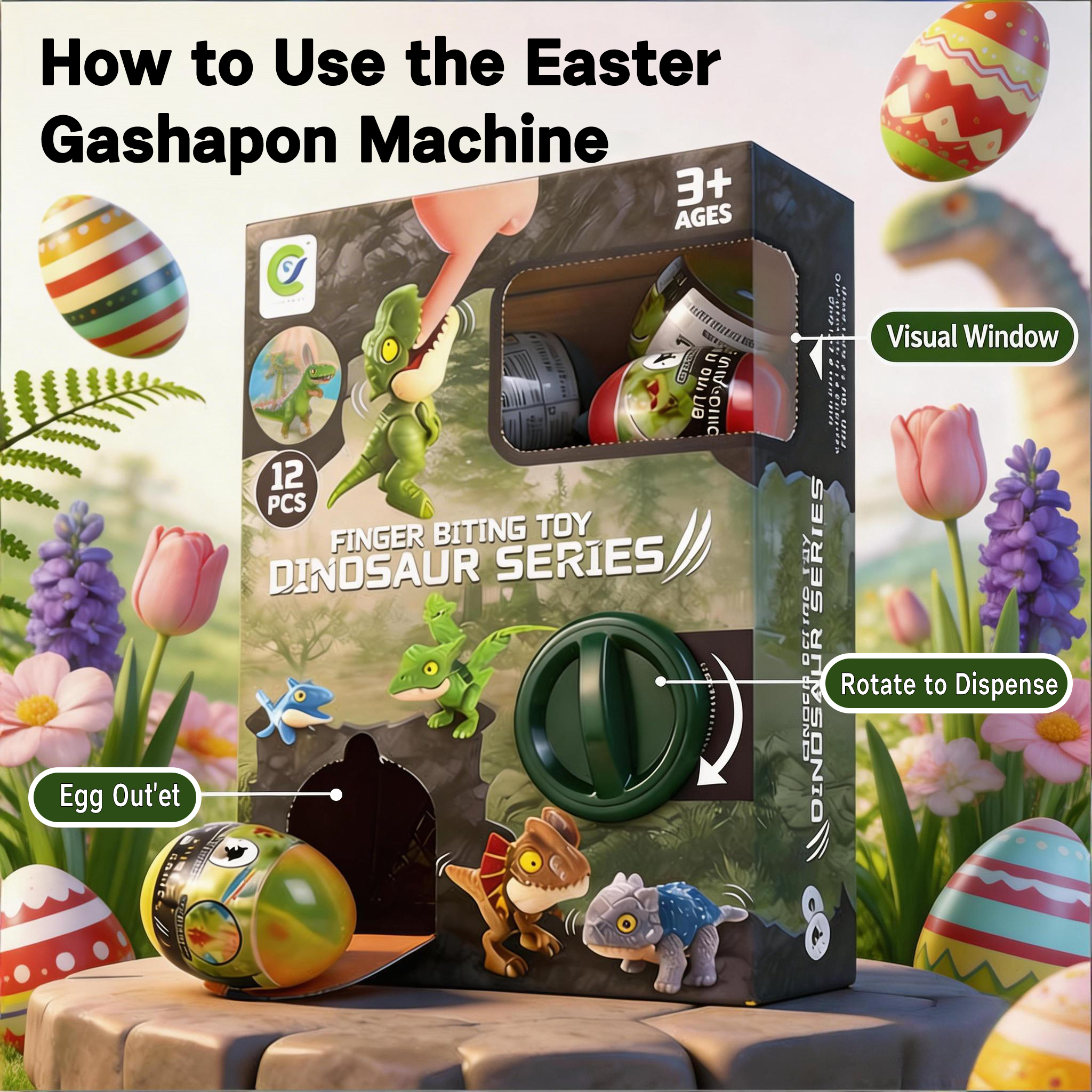 HNZENBW Dinosaur Egg Gachapon Toy Set with Biteable Fingertip Figures (Green, 12 Piece Set) mj3iq
