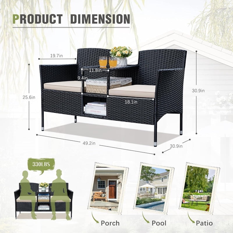 Vineego Outdoor Patio Loveseat Wicker Conversation Set with Center Storage Table and Cushions (Black, 2-Seat) ogpq5