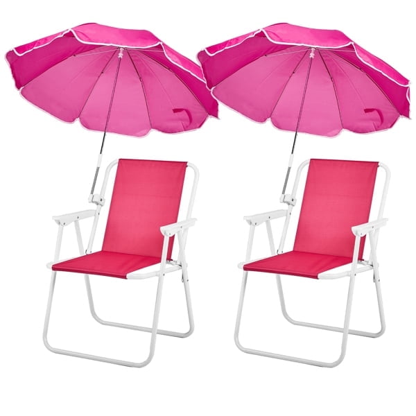 Geemuslly Folding Beach Chair with Umbrella, Portable High Back Camping Chair for Outdoor Travel (Pink, 2 Pack) 2f3tx