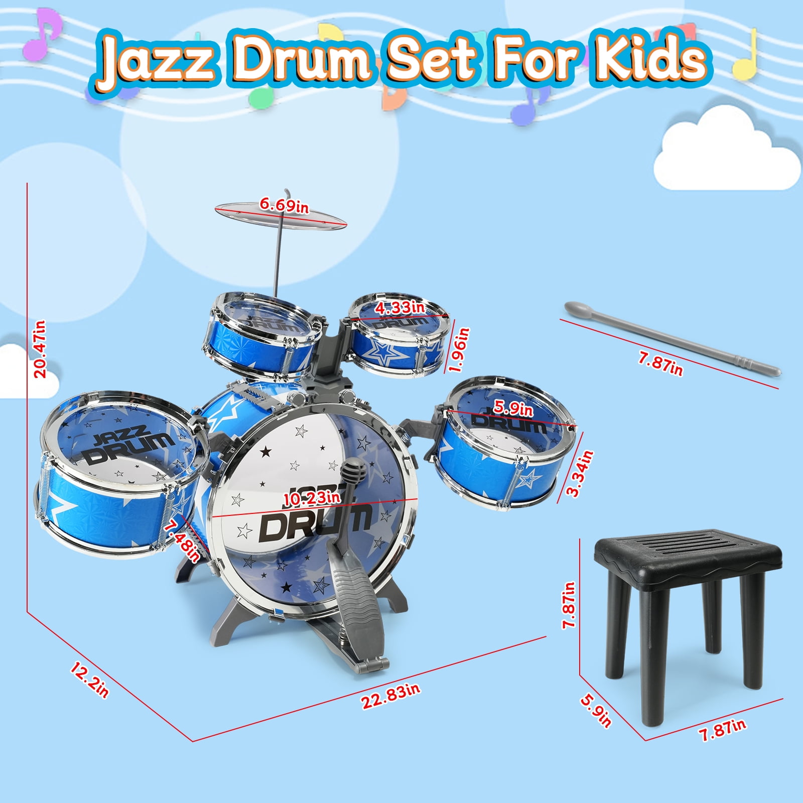 JBeeCtrl Kids Jazz Drum Set Musical Instrument with Chair and Pedal (Blue, 8-Piece Set) j4qzl
