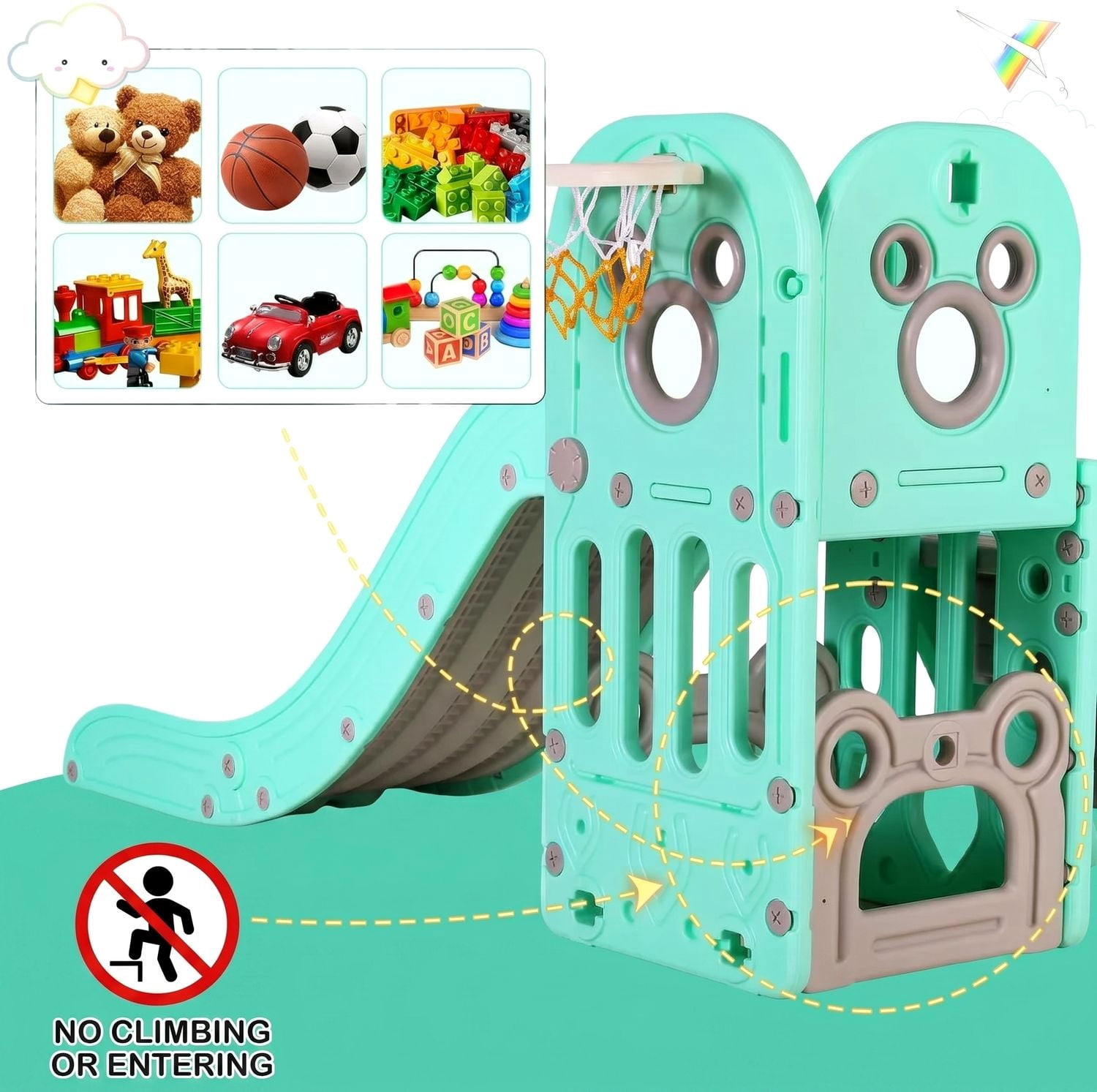 LAZY BUDDY 4-in-1 Toddler Slide and Climber Playset with Basketball Hoop (Green) abxyq
