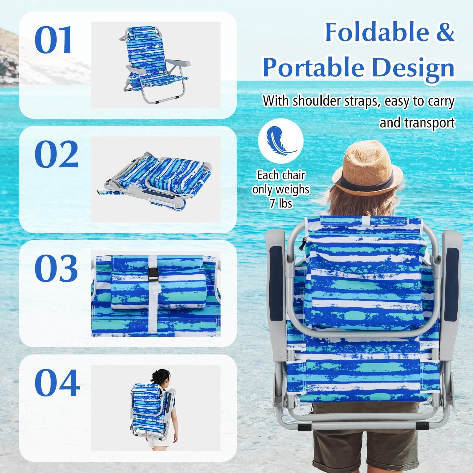 Costway 2-Piece Folding Beach Chair Set Lightweight Aluminum Camping Chair with Storage (Navy, 2-Pack) 11wsf