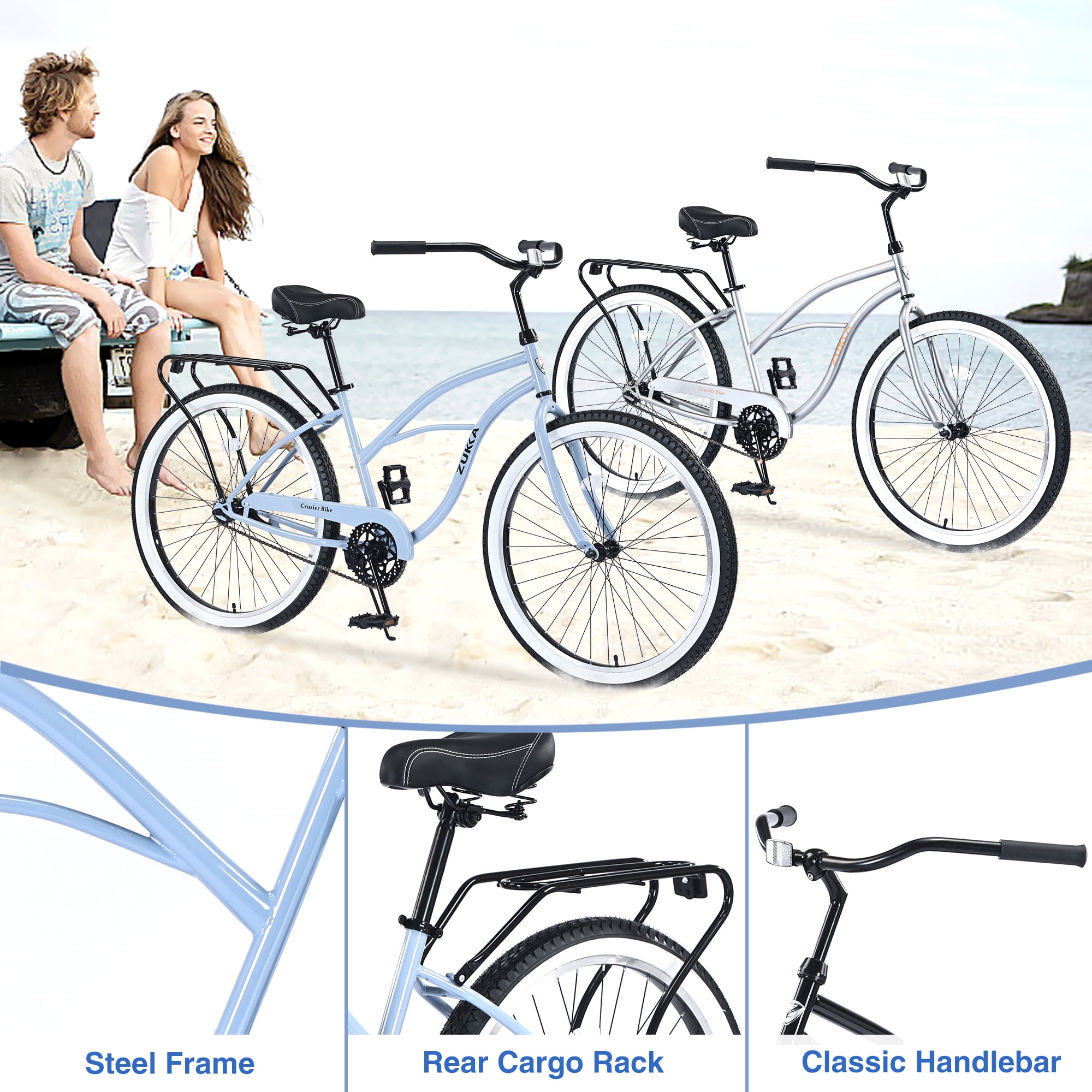 Zukka 26 in Cruiser Bike Steel Frame Beach Bicycle for Men and Women (Blue, 26 in) 8vc6f