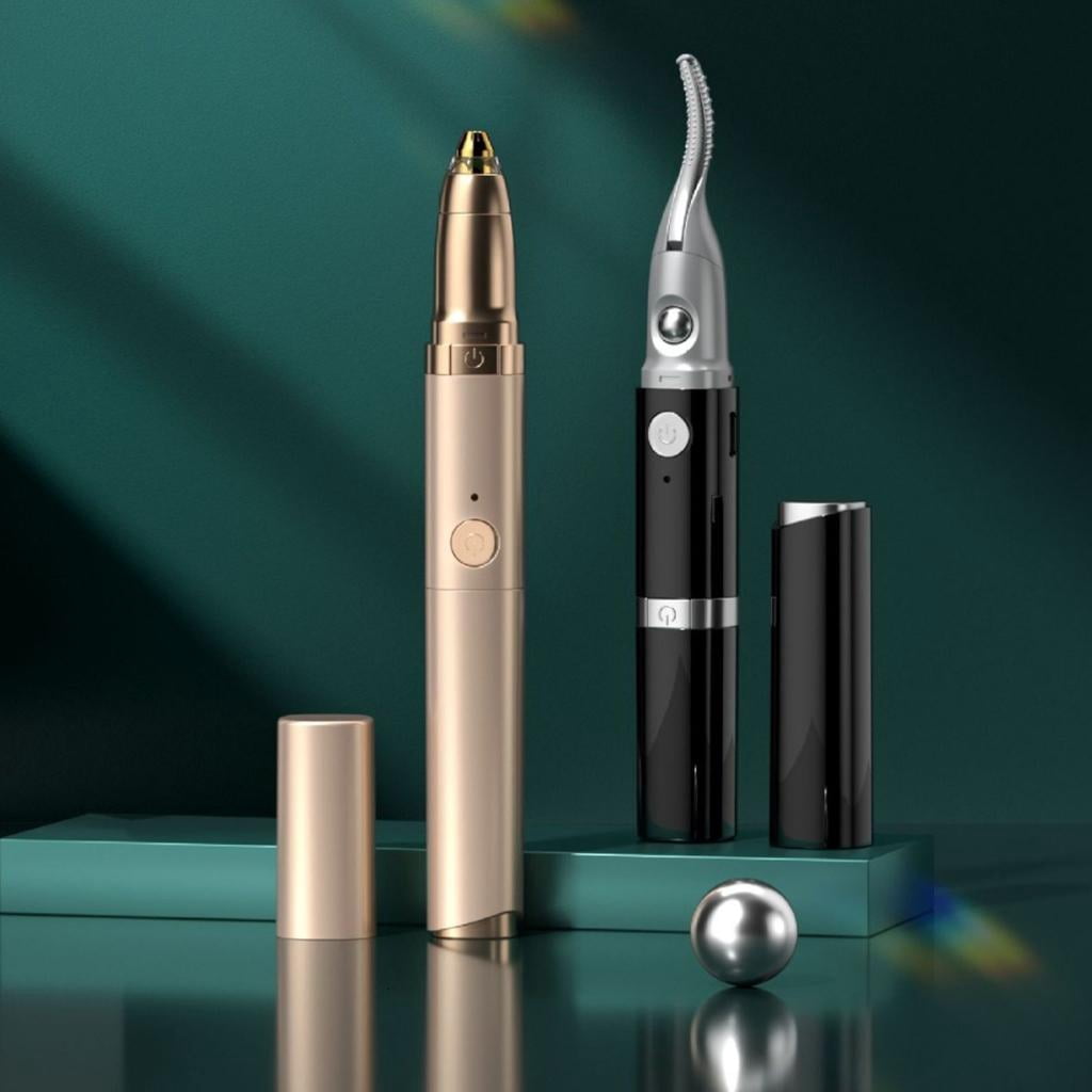 Necvior 2-in-1 Electric Eyebrow Trimmer and Heated Eyelash Curler, Precision Facial Hair Remover (Gold) l3n2t