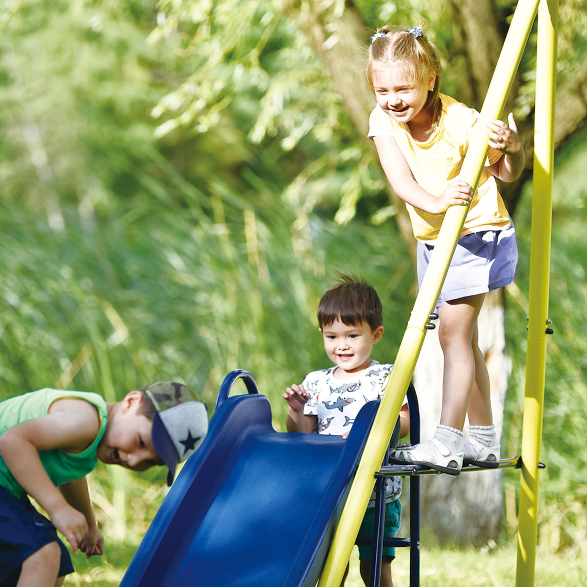 Enyopro 5-in-1 Heavy Duty Backyard Playground Swing Set with Slide, Seesaw, and Basketball Hoop (Yellow) eihpo