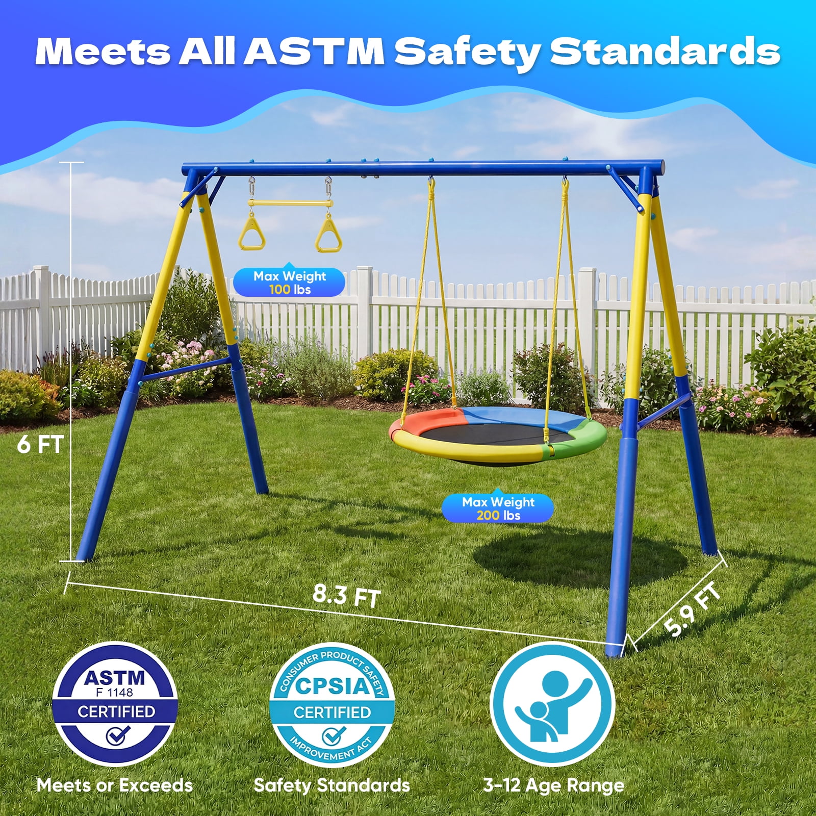 Fashionsport Outfitters Heavy-Duty Outdoor Metal Swing Set with Saucer Swing, Belt Swing, and Trapeze Rings (Yellow, 500 lb Capacity) 0b4sk