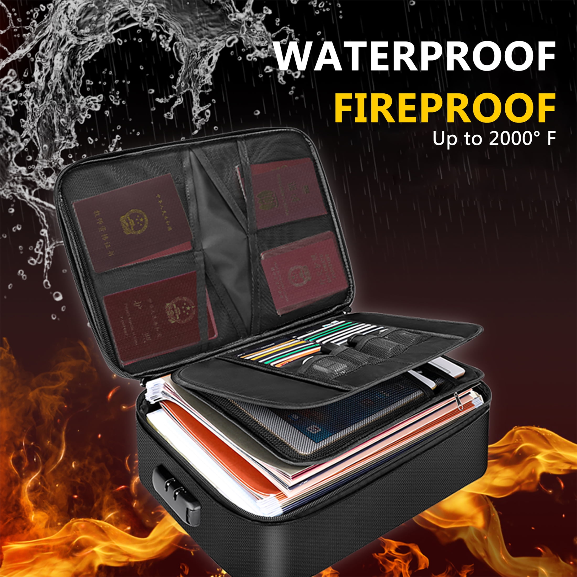 Mixfeer Fireproof Document Organizer Bag with Combination Lock (Black, 14.2 x 10.6 x 3.9 in) l3z61