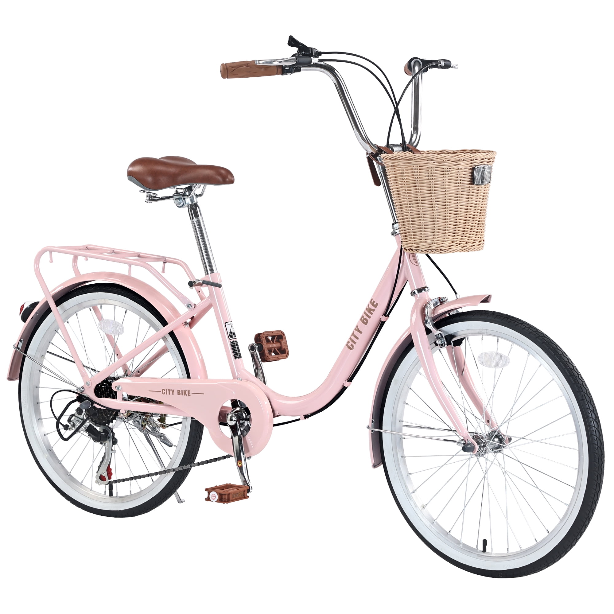 Cirayno 22 in Womens Cruiser Bike, 7 Speed City Commuter Bicycle with Basket and Steel Frame (Pink, 22 in) dtxhs