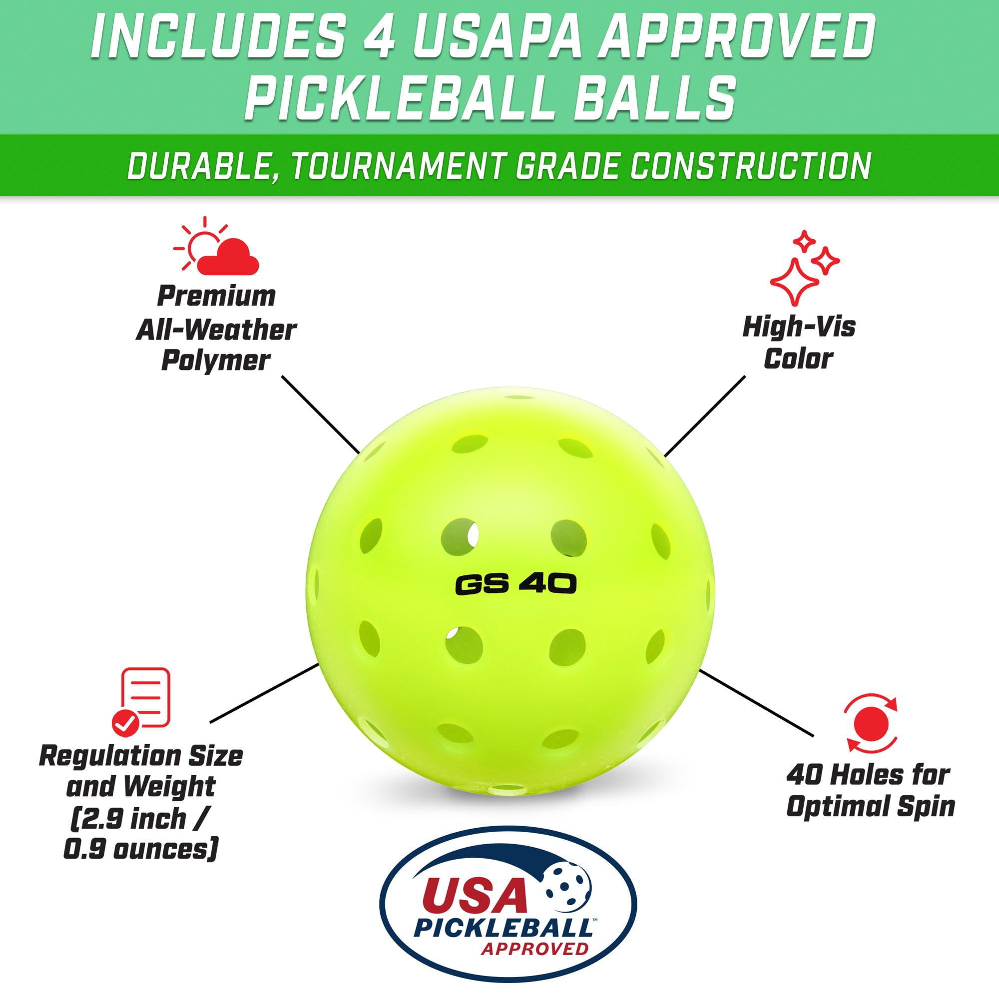 GoSports Pickleball Set with 4 Paddles and 4 USAPA Approved Balls (Yellow, 4-Paddle Pack) kx29j
