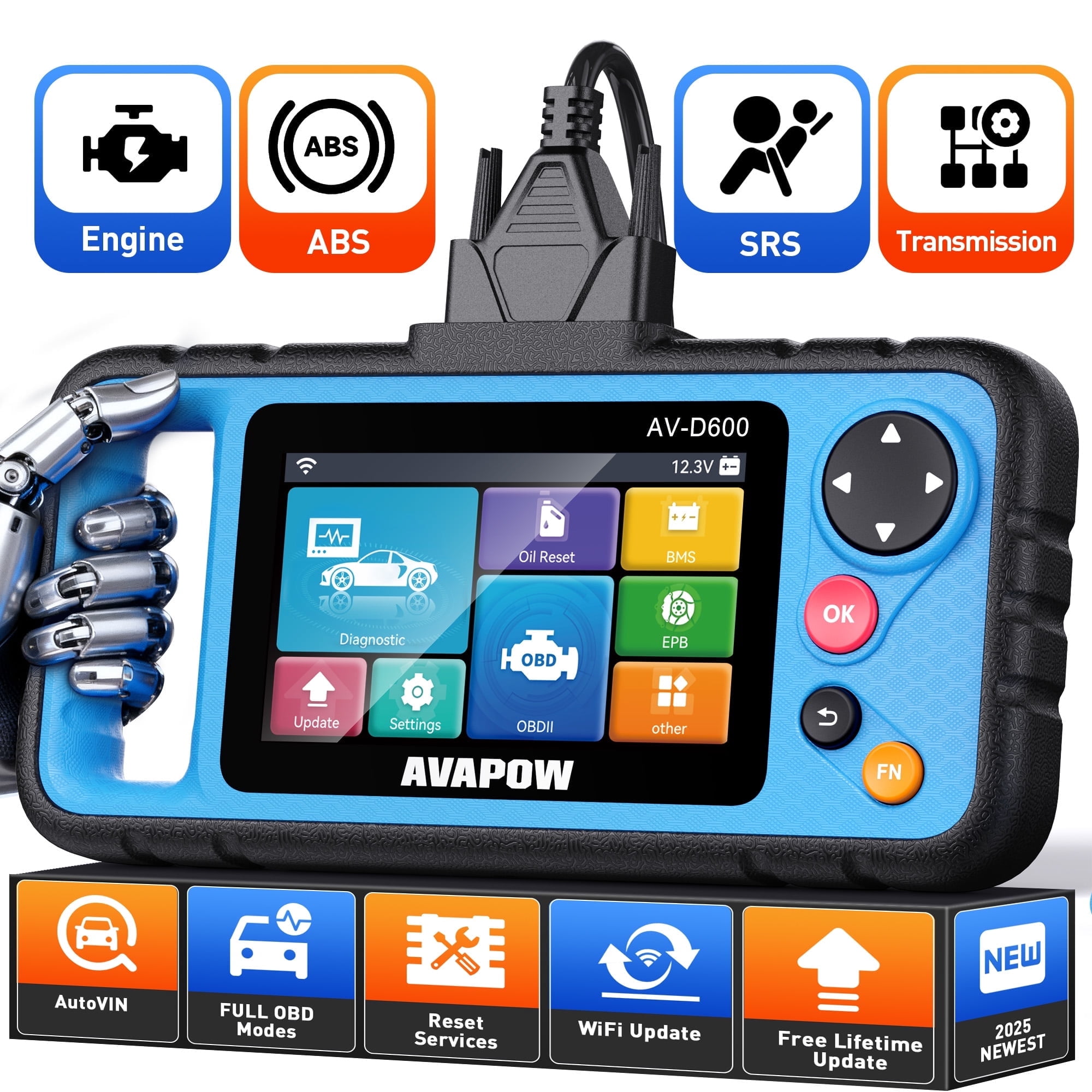 AVAPOW OBD2 Scanner Diagnostic Tool for Engine ABS SRS Transmission (Blue, 4.3 in Screen) 3isxr