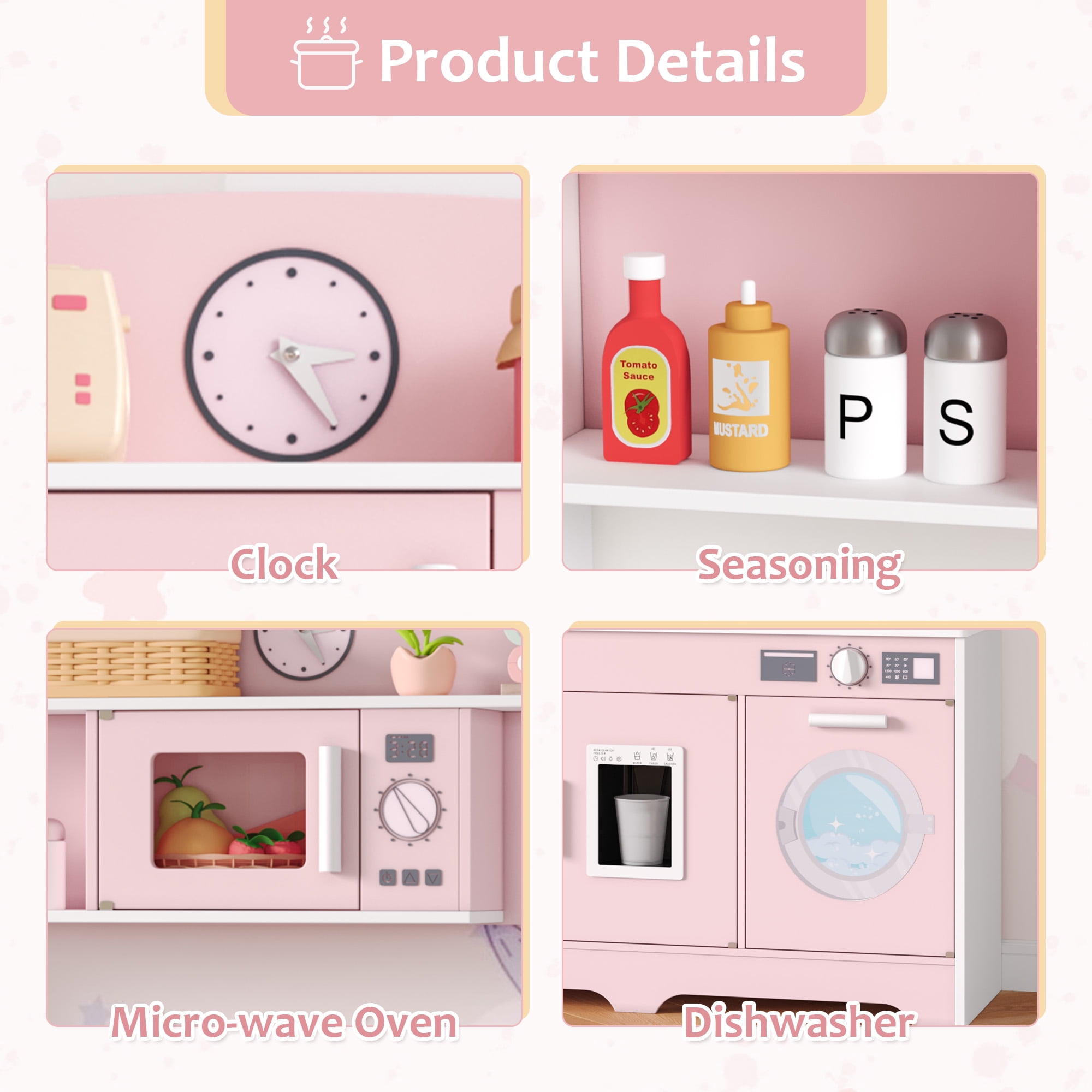 Hiphuta Wooden Kids Play Kitchen Set with 11 Accessories, Interactive Pretend Cooking Station (Pink, 1 Set) rk68r