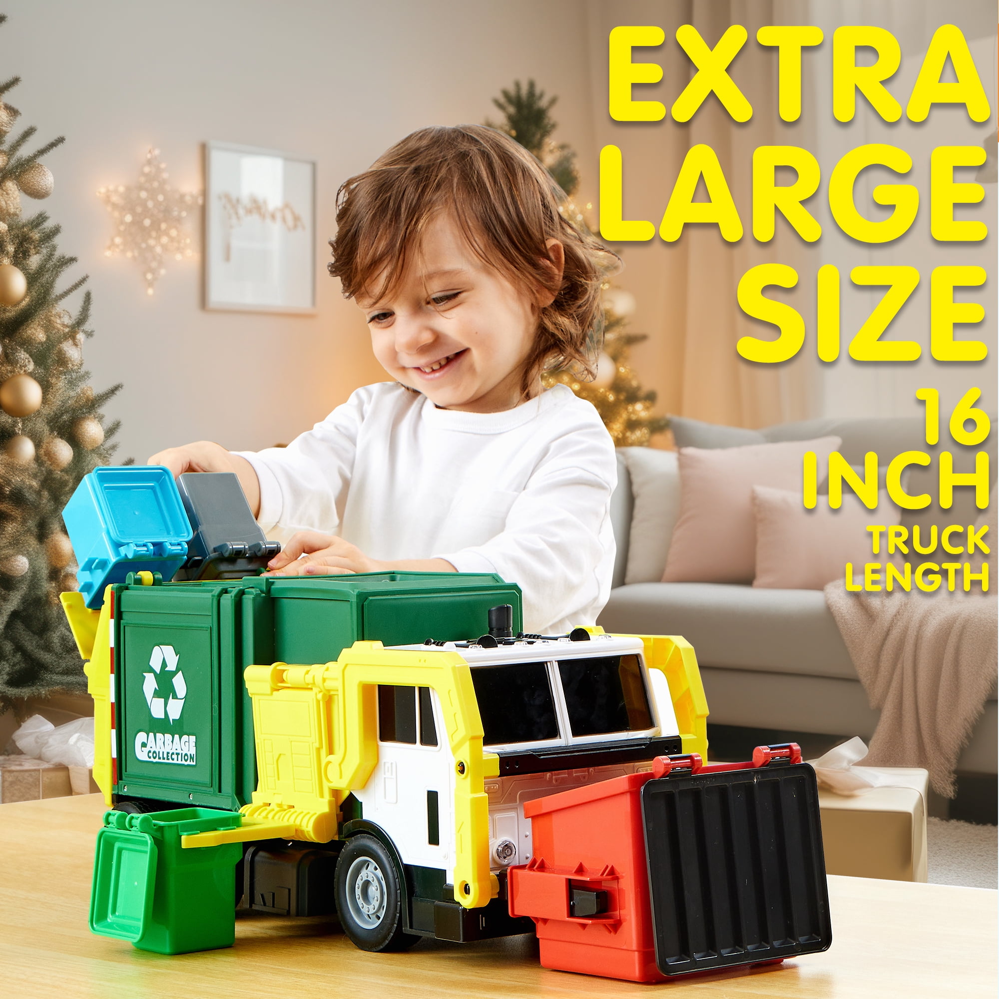 Joyfy Large Garbage Truck Toy with Lights and Sounds, Friction-Powered Recycling Vehicle with Sorting Bins (Green, 16 in) bho32