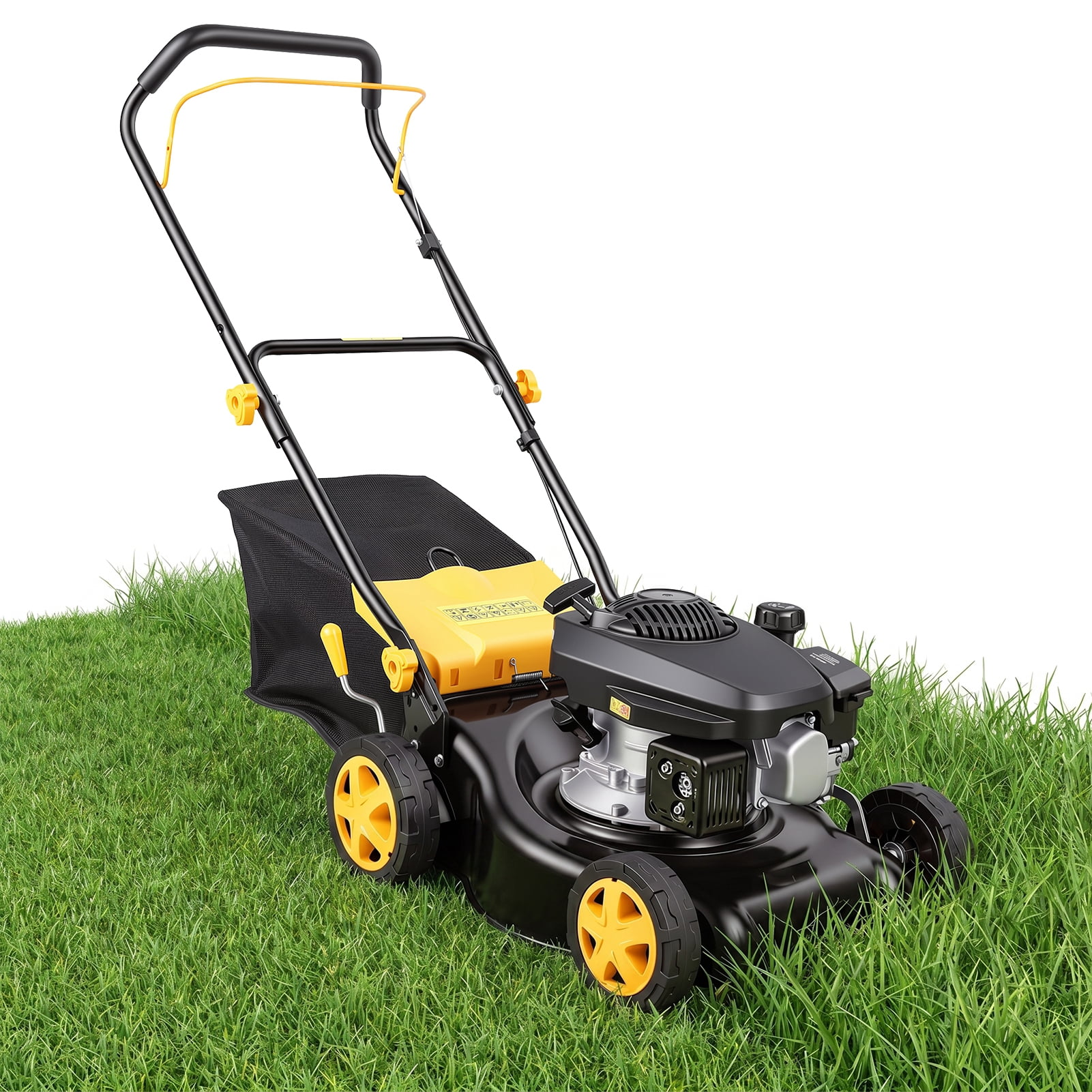 Lanzxjv 16 in Gas Self-Propelled Lawn Mower, 3-in-1 Mulching and Bagging Mower with Large Wheels (Yellow, 12 gal) di8g0