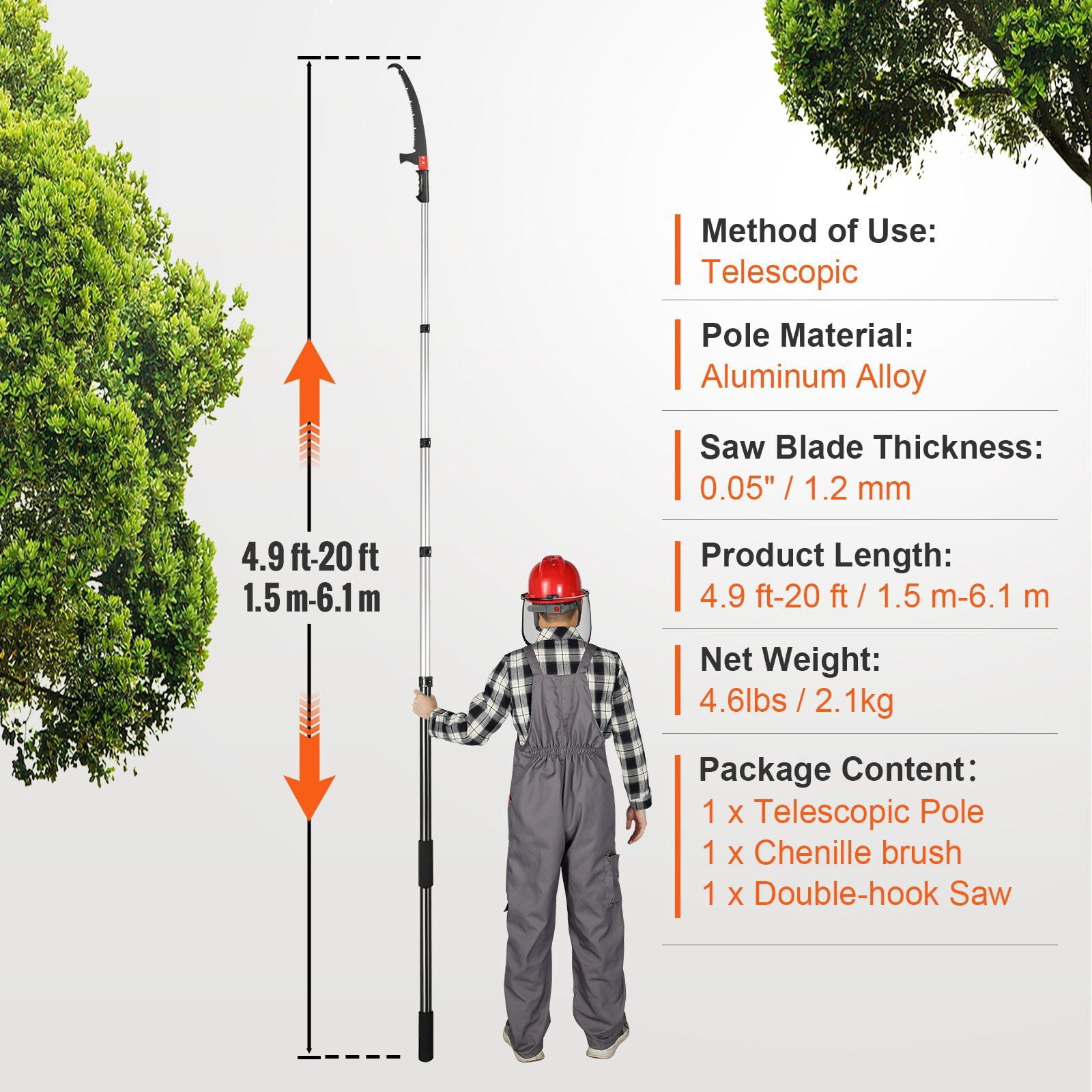 Generic Manual Pole Saw Extendable Tree Pruner with Sharp Carbon Steel Blade and Lightweight Aluminum Handle (20 ft) gv63h