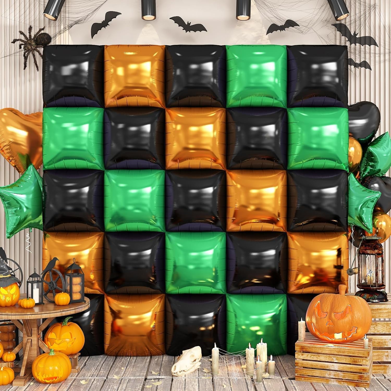 Party Decor Square Foil Balloon Wall Kit (Black, Orange, Green, 25-Piece Set) zb6ju