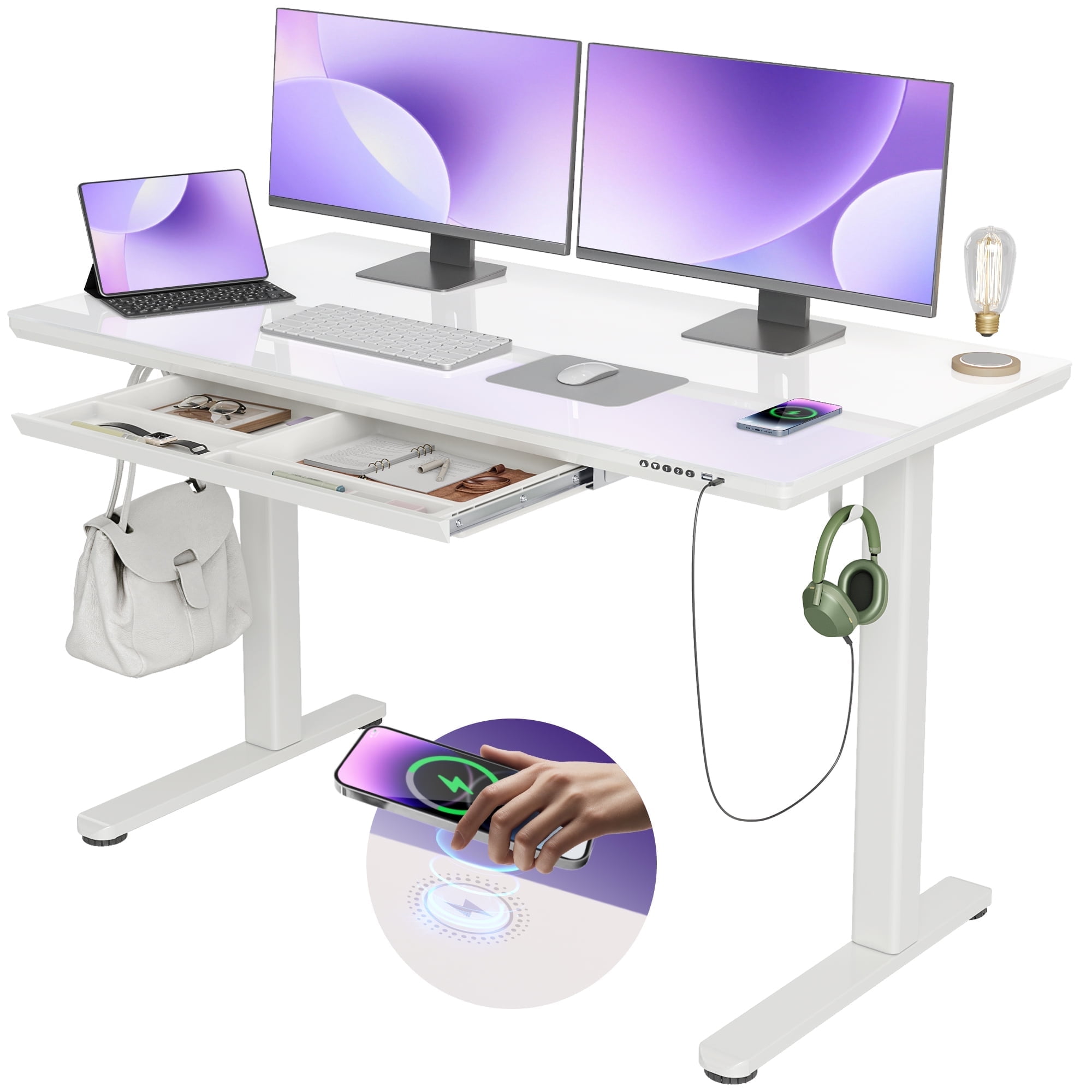 INNOVAR Electric Standing Desk with Wireless Charging and Drawer (55 in, White) mgaia