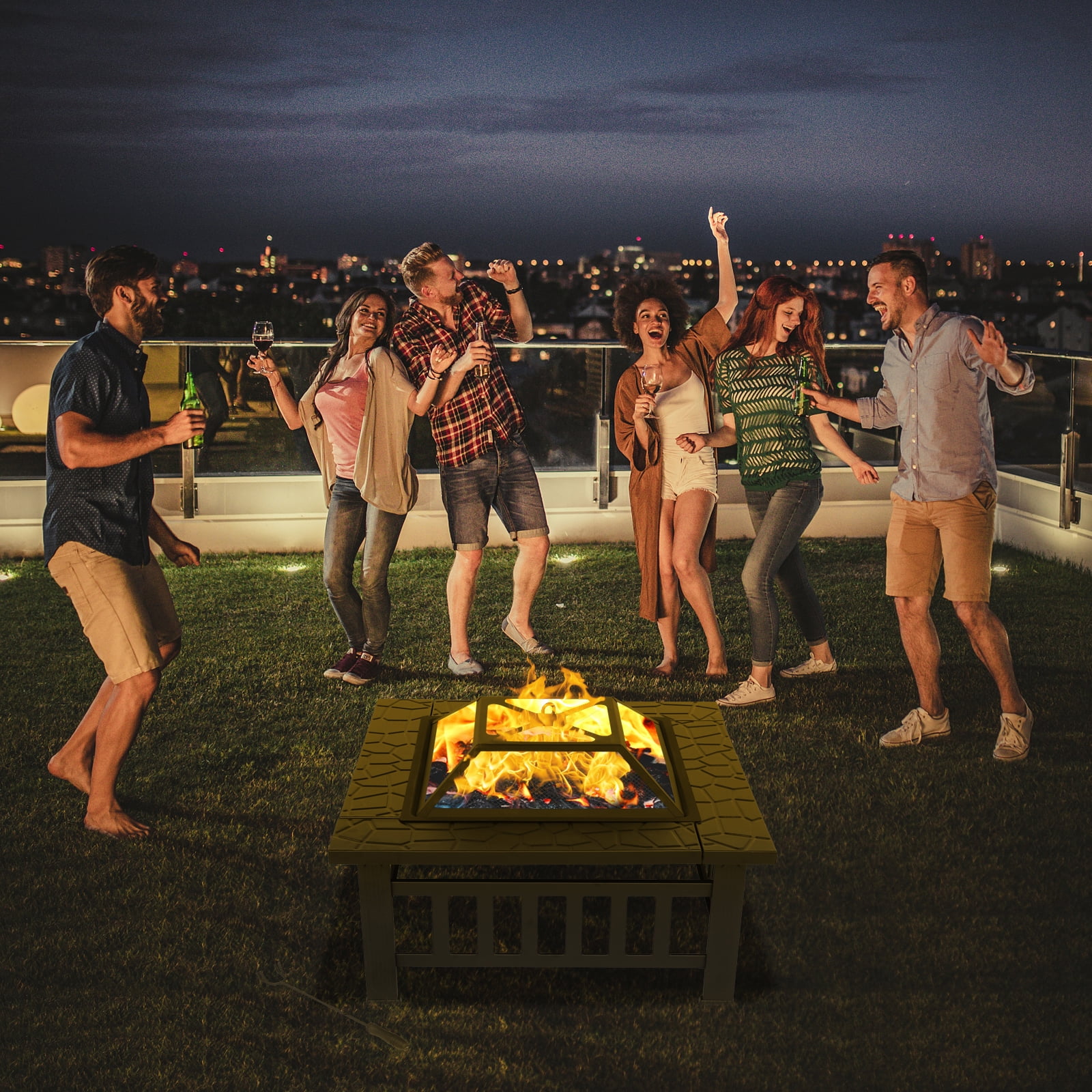 Zimtown 32 in Square Metal Fire Pit with Spark Screen and BBQ Grate (Black, 32 in) ma39g