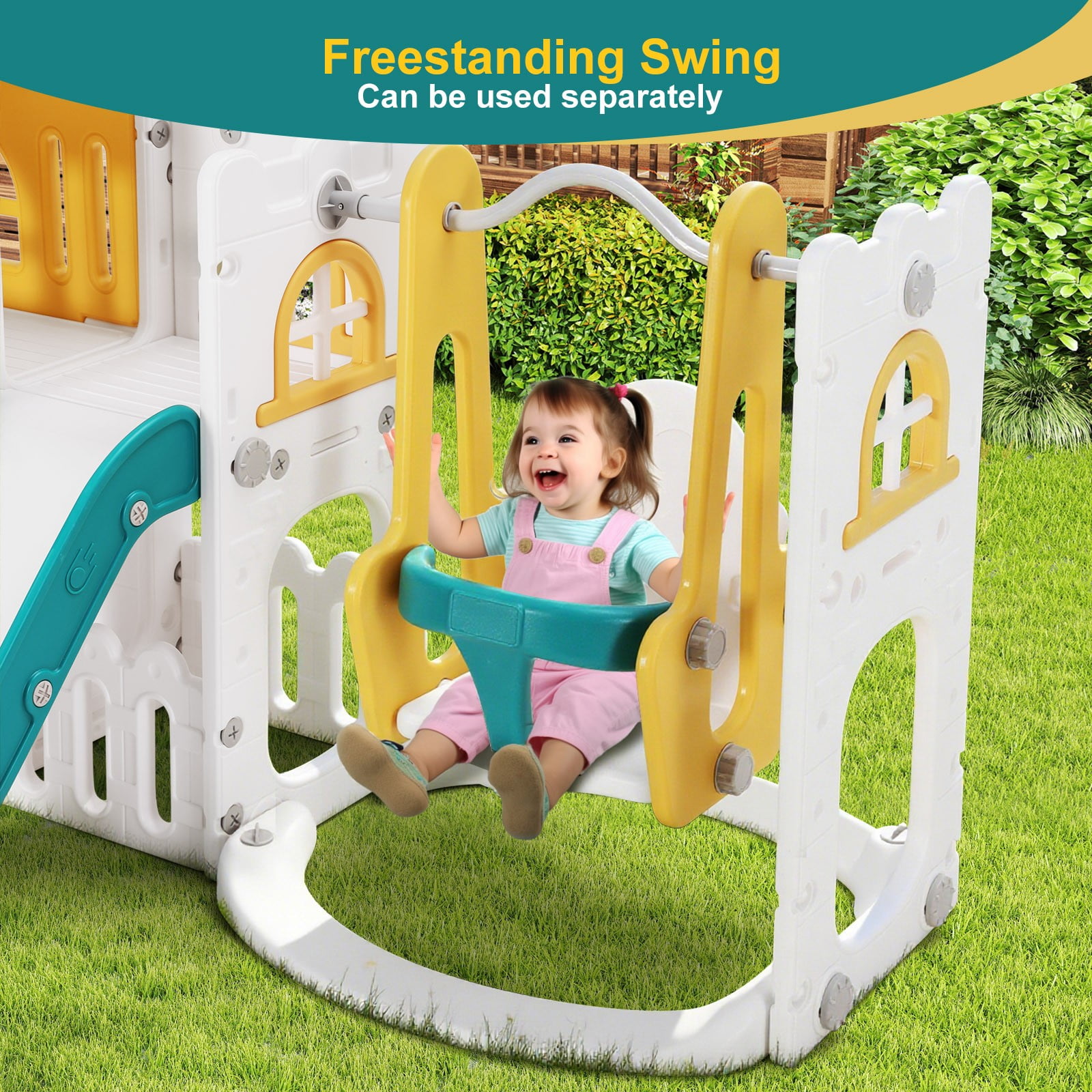 Joyldias 10-in-1 Toddler Slide and Swing Playset with Playhouse and Basketball Hoop (Green, Yellow, White) aeisf