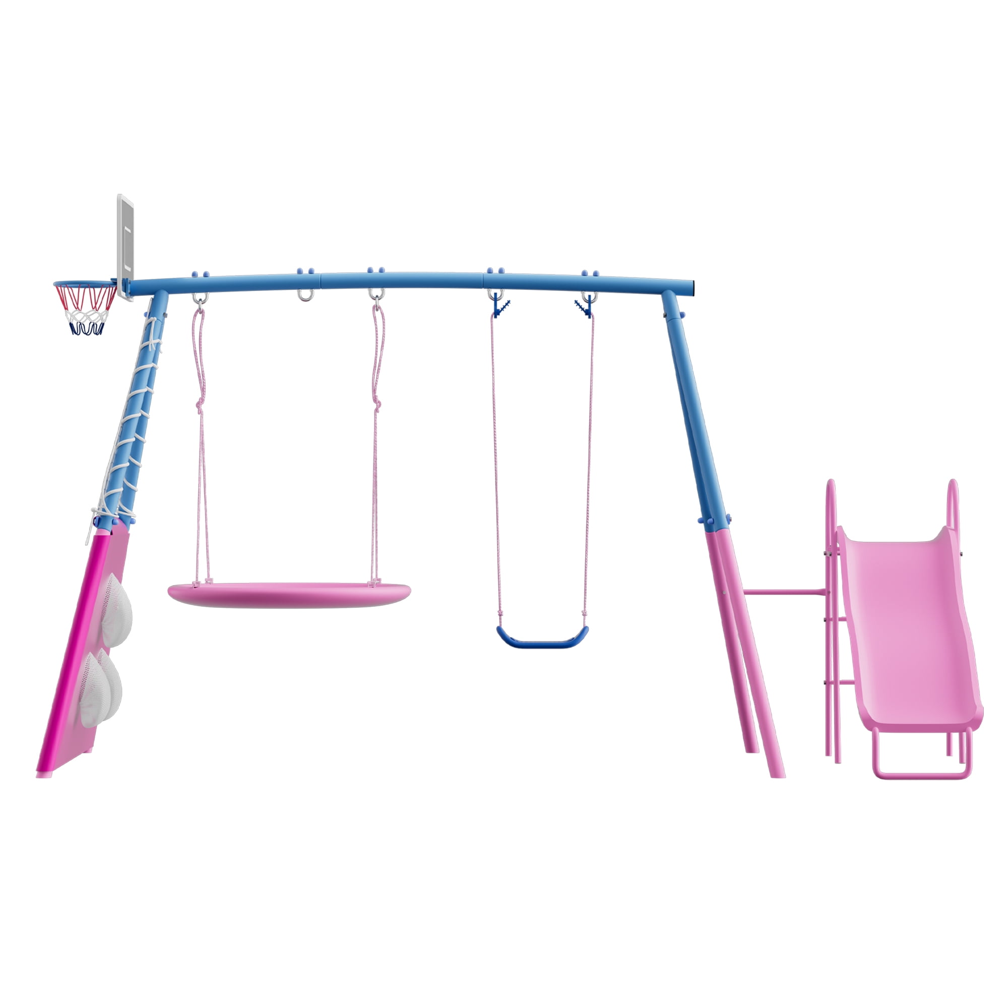 Shengchao Trade Kids Outdoor Metal Swing Set with Slide and Basketball Hoop (Pink, 440 lb) ds88a