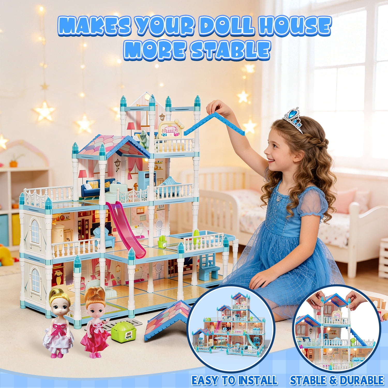 JoyStone Dollhouse with Warm Light, DIY Pretend Play Playhouse with 14 Rooms and 2 Dolls (Blue) w91cf